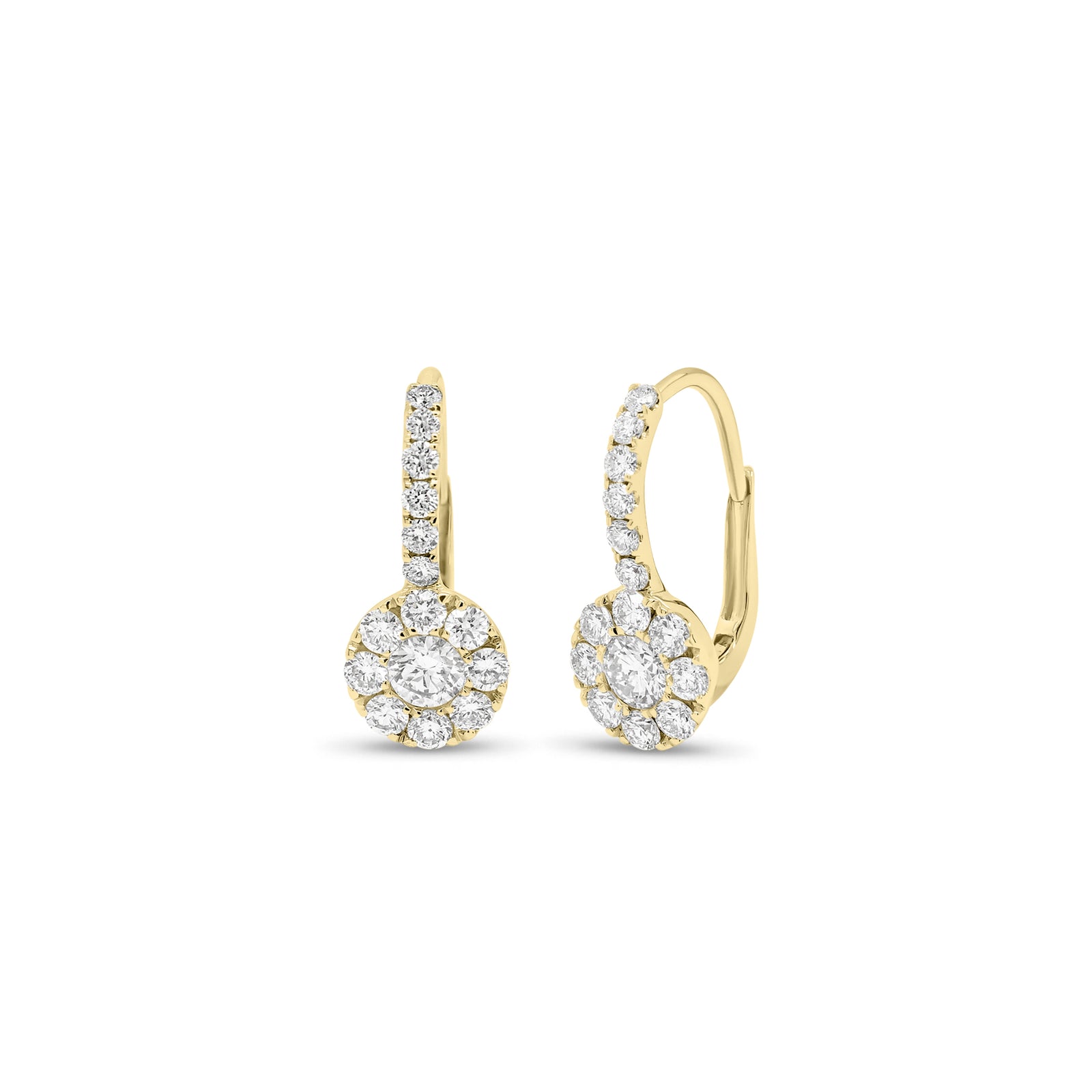 Diamond Halo Drop Lever-Back Earrings - 18K gold weighing 2.03 grams  - 30 round diamonds weighing 0.87 carats