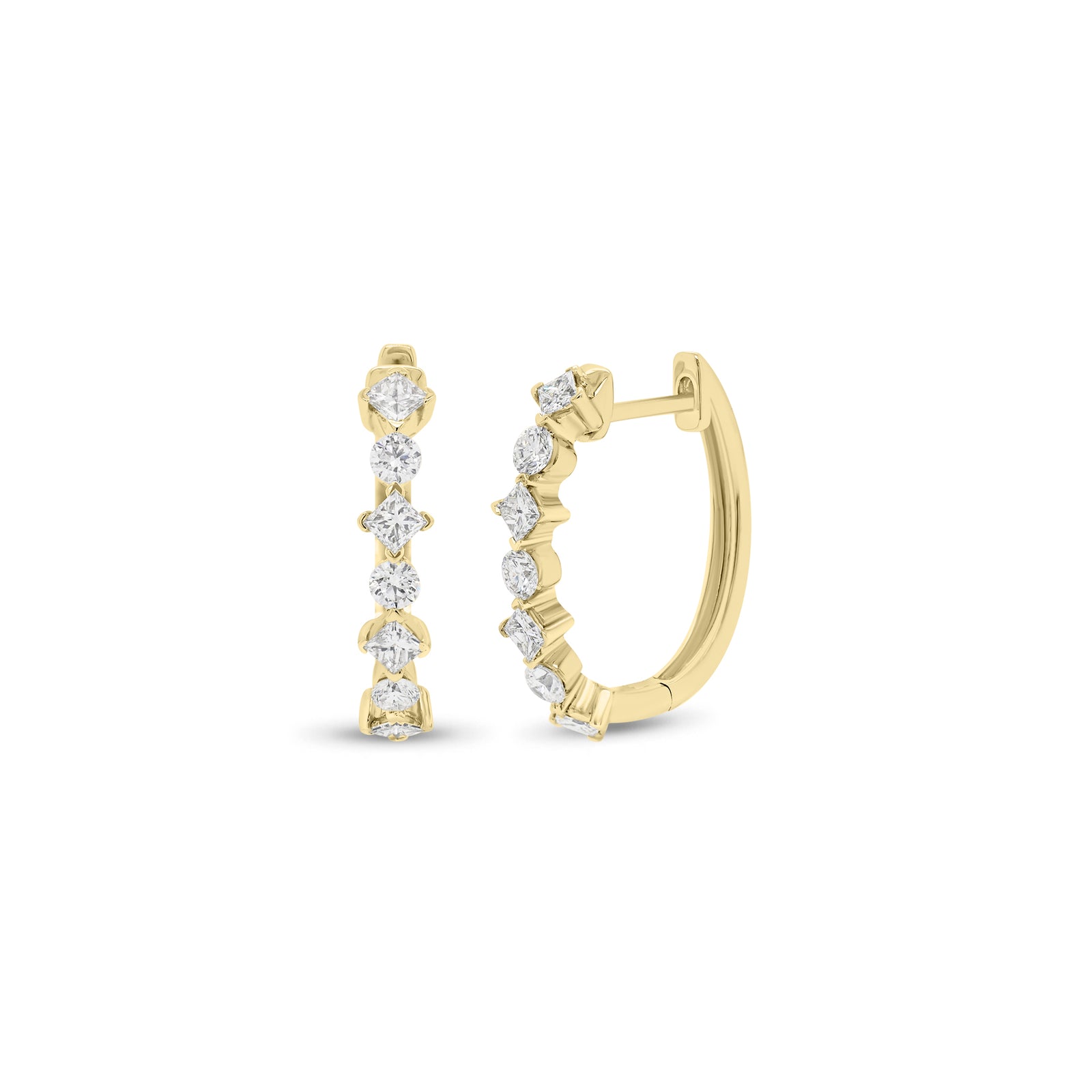 Round & Princess-Cut Diamond Huggie Earrings - 18K gold weighing 2.19 grams  - 8 princess-cut diamonds weighing 0.33 carats  - 6 round diamonds weighing 0.23 carats