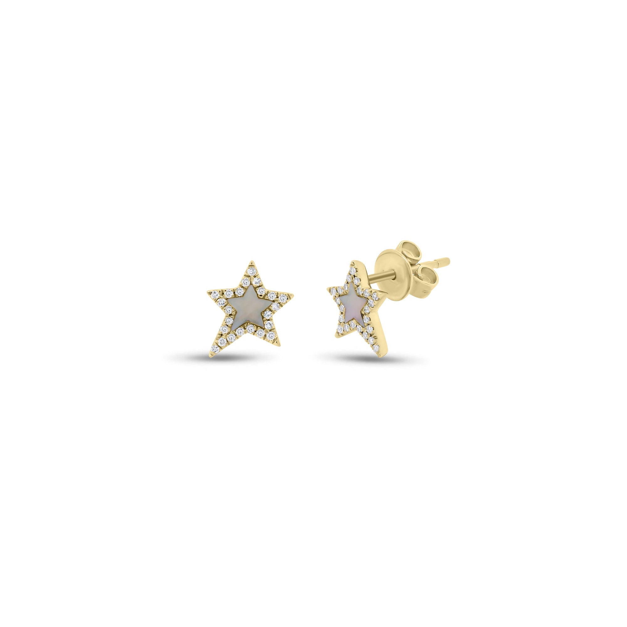 Mother of Pearl & Diamond Star Stud Earring - 14K gold weighing 1.36 grams  - 46 round diamonds weighing 0.11 carats  - 2 mother-of-pearl slices weighing 0.13 carats