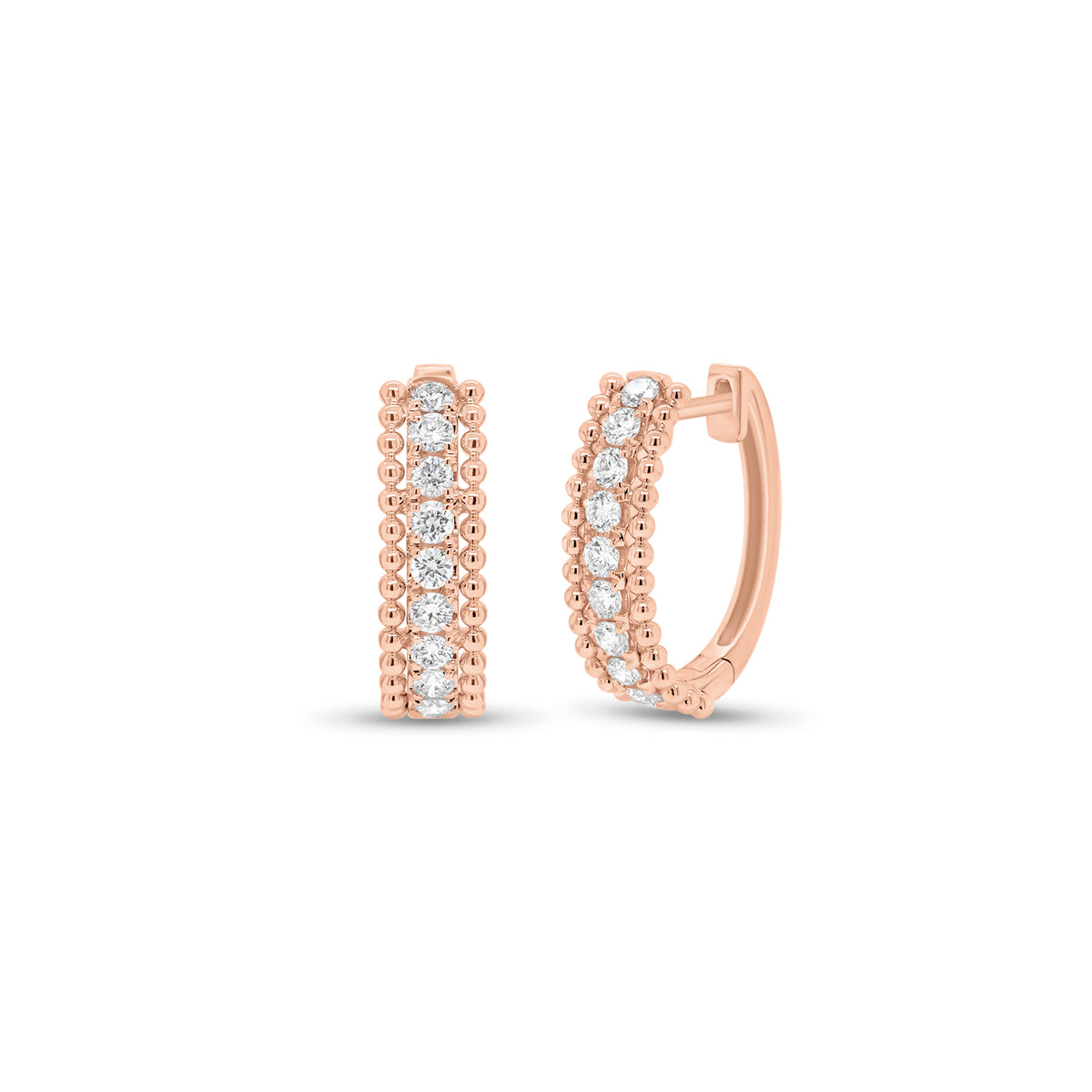 Diamond & Beaded Gold Huggie Earrings - 18K gold weighing 3.73 grams - 20 round diamonds weighing 0.60 carats