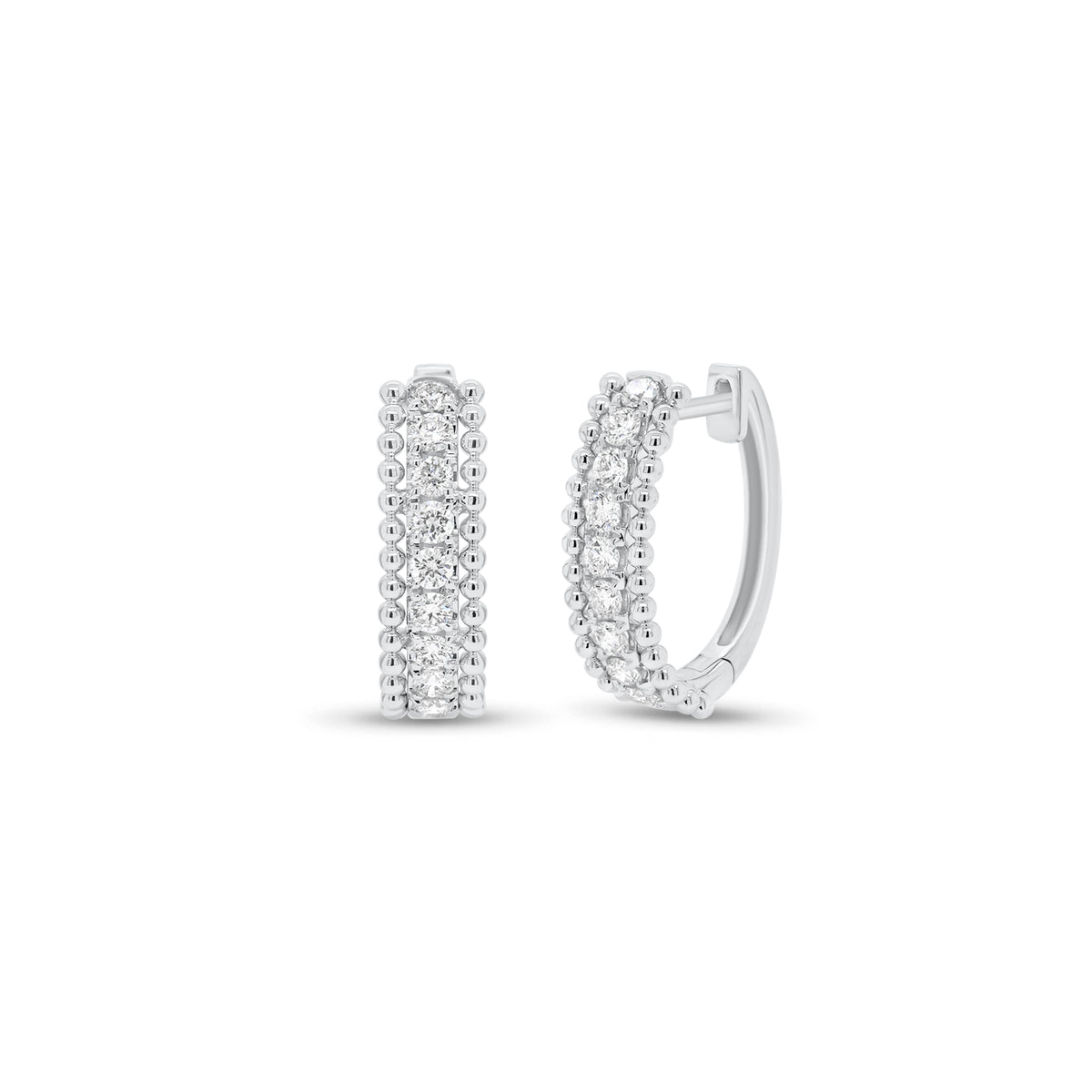 Diamond & Beaded Gold Huggie Earrings - 18K gold weighing 3.73 grams - 20 round diamonds weighing 0.60 carats