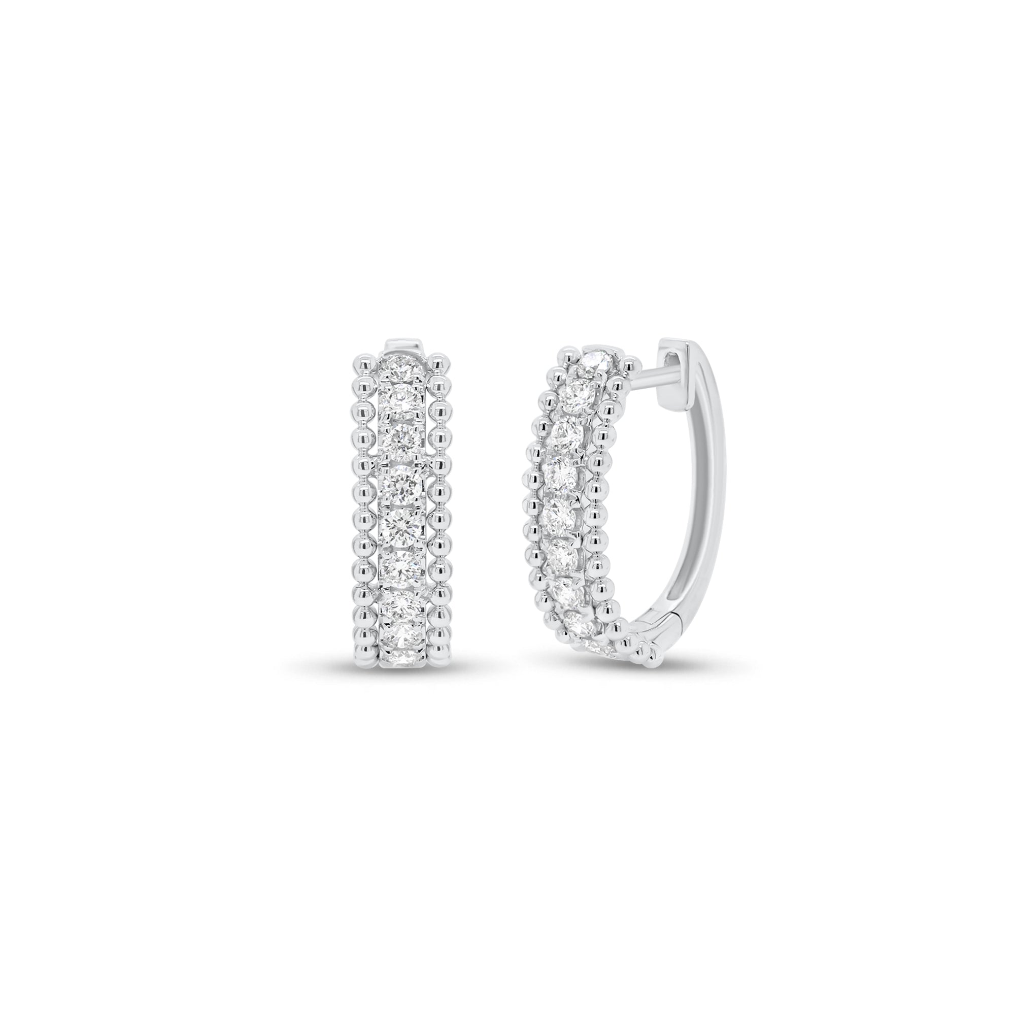 Diamond & Beaded Gold Huggie Earrings - 18K gold weighing 3.73 grams - 20 round diamonds weighing 0.60 carats
