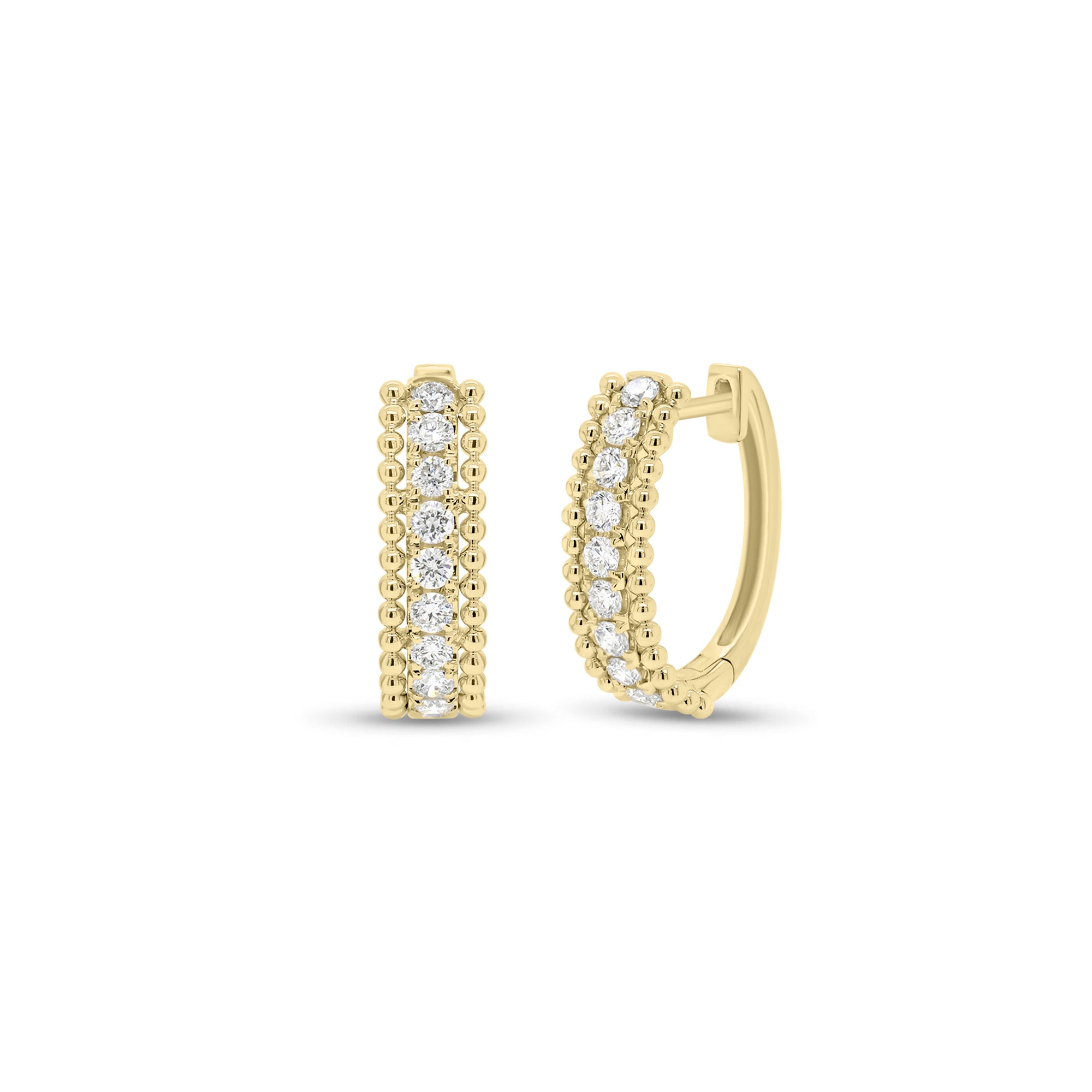 Diamond & Beaded Gold Huggie Earrings - 18K gold weighing 3.73 grams - 20 round diamonds weighing 0.60 carats