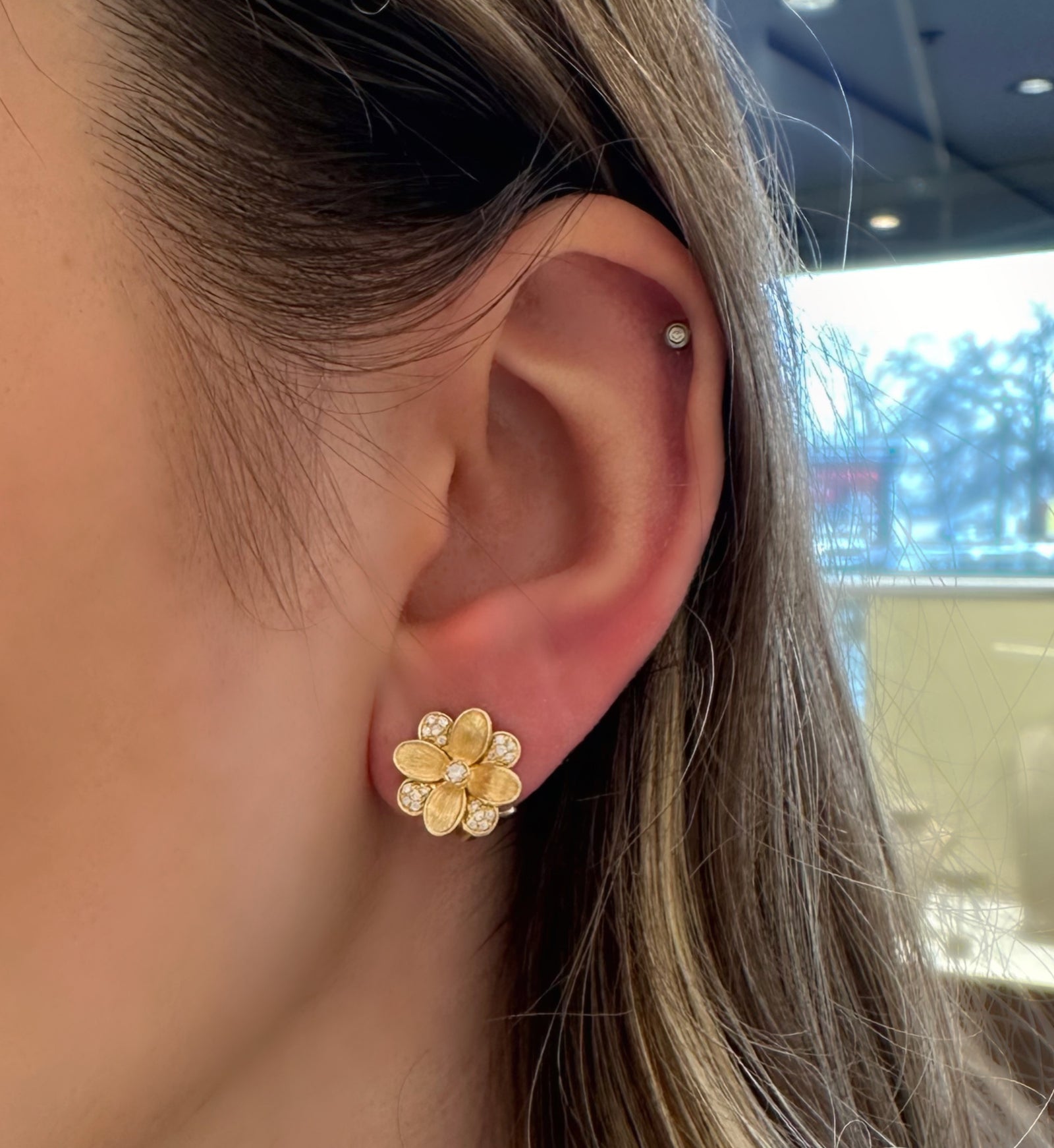 Diamond & Brushed Gold Flower Stud Earrings - 14K gold weighing 5.10 grams  - 42 round diamonds weighing 0.20 carats