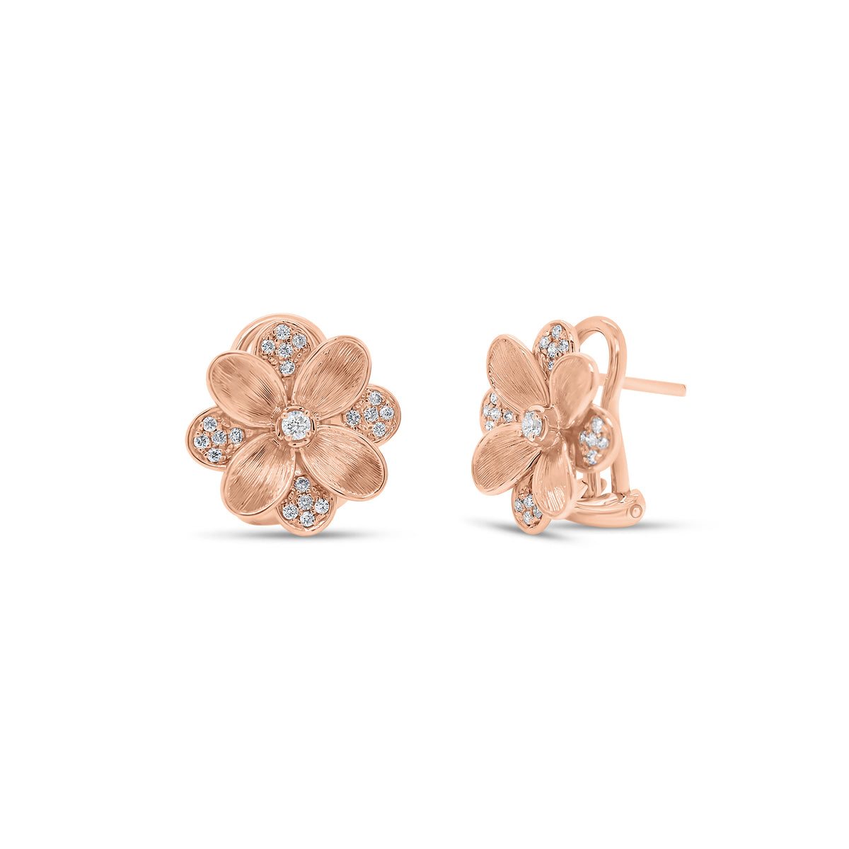 Diamond & Brushed Gold Flower Stud Earrings - 14K gold weighing 5.10 grams - 42 round diamonds weighing 0.20 carats