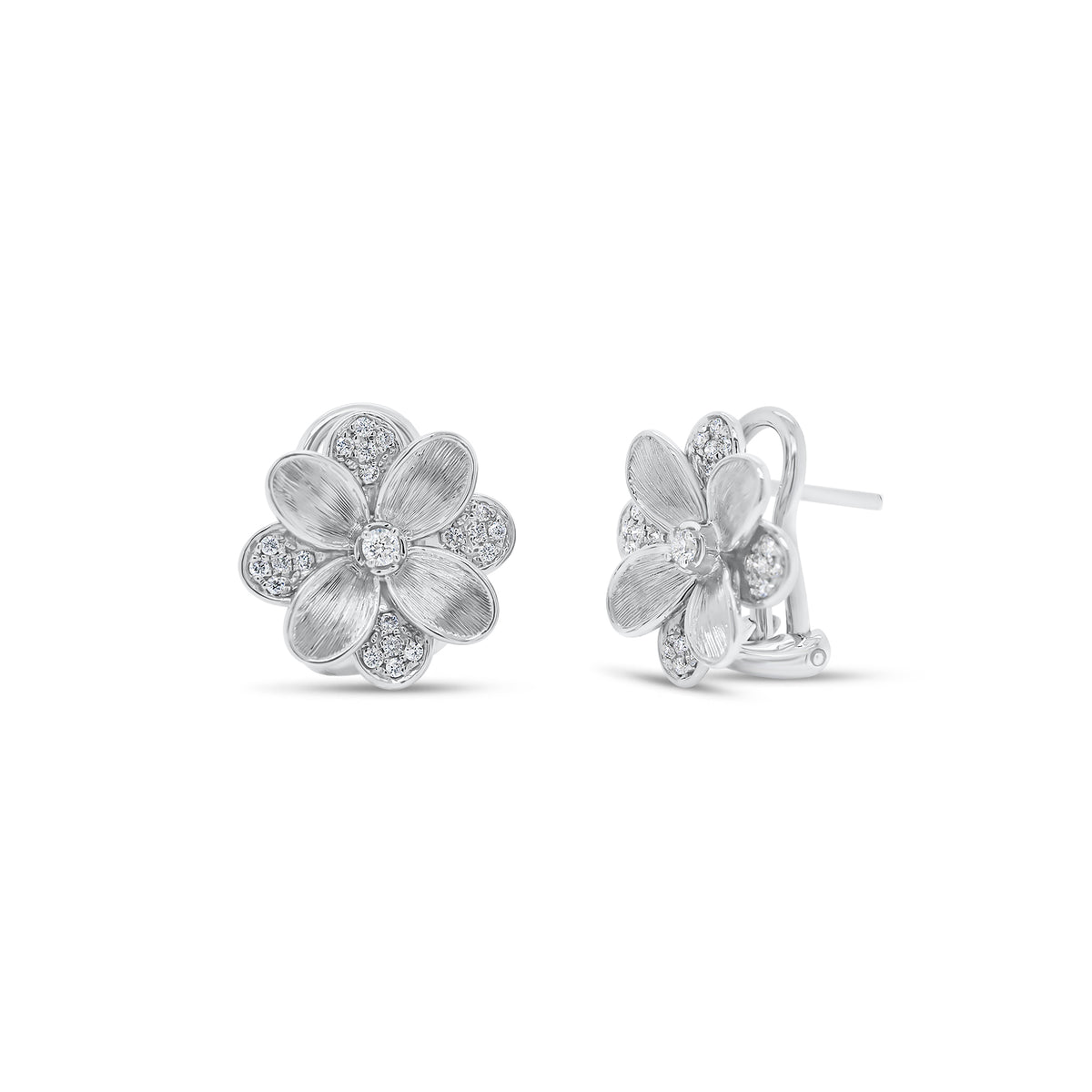 Diamond & Brushed Gold Flower Stud Earrings - 14K gold weighing 5.10 grams - 42 round diamonds weighing 0.20 carats