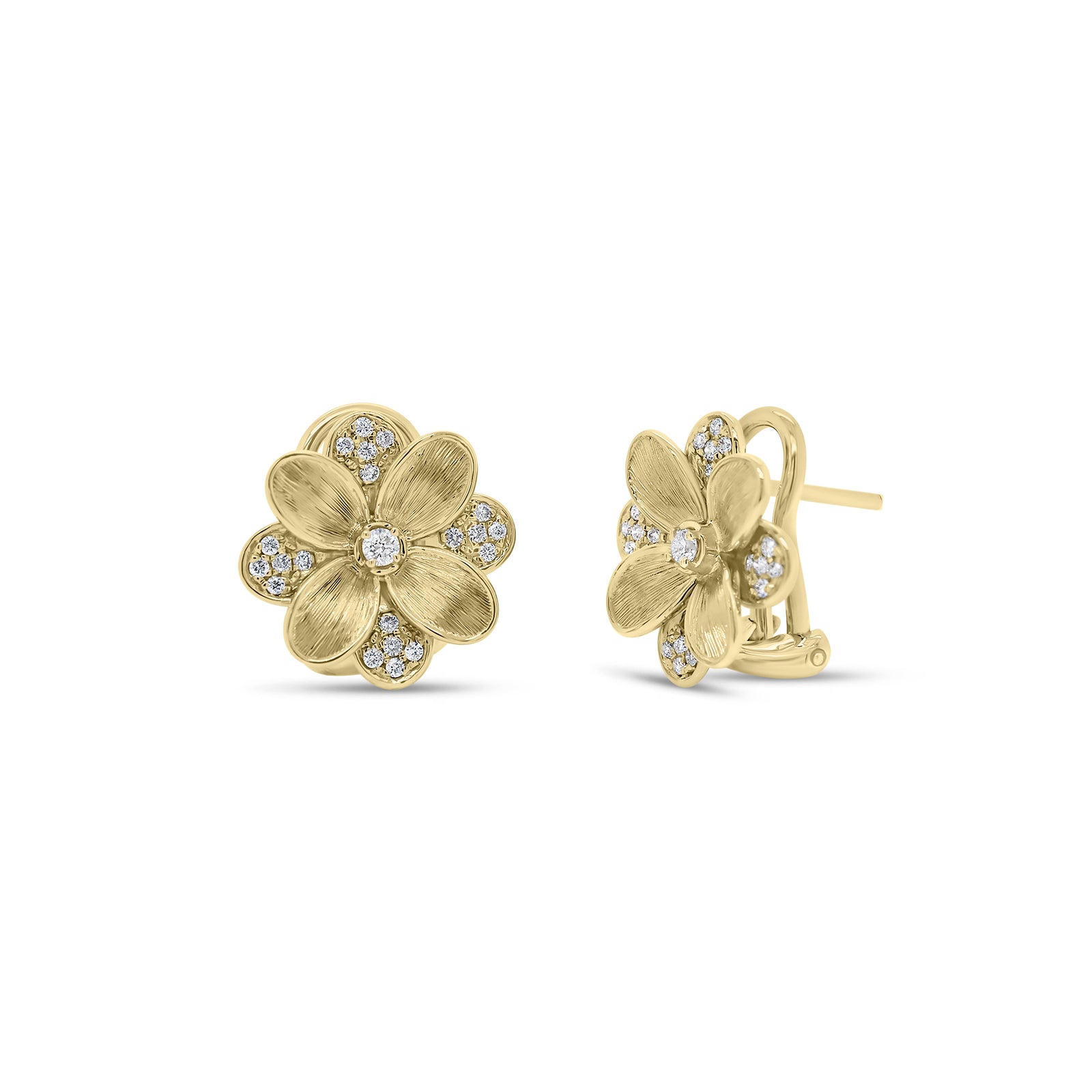Diamond & Brushed Gold Flower Stud Earrings - 14K gold weighing 5.10 grams  - 42 round diamonds weighing 0.20 carats