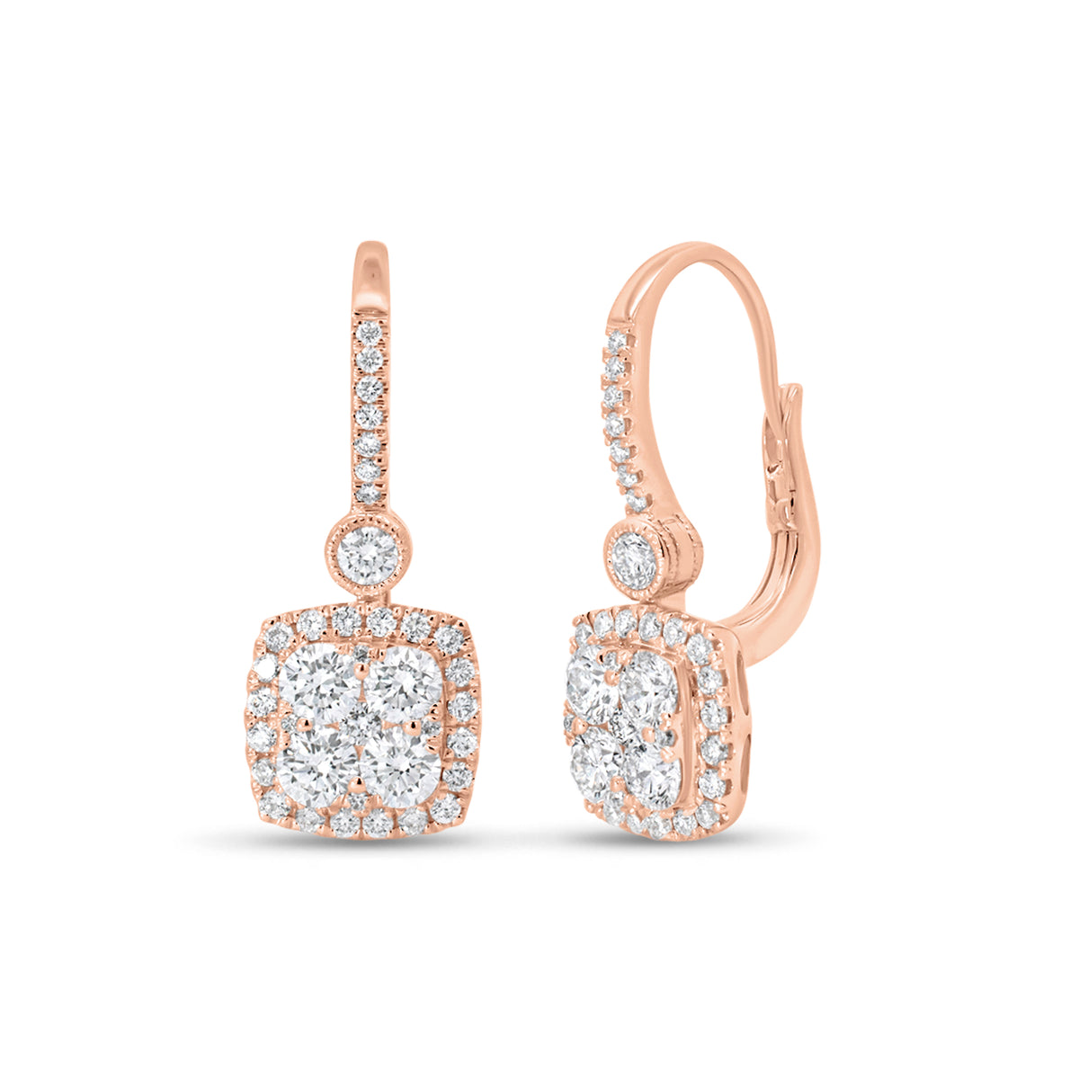 Diamond square drop leverback earring - 18K gold weighing 4.18 grams
- 74 round diamonds weighing 1.62& carats