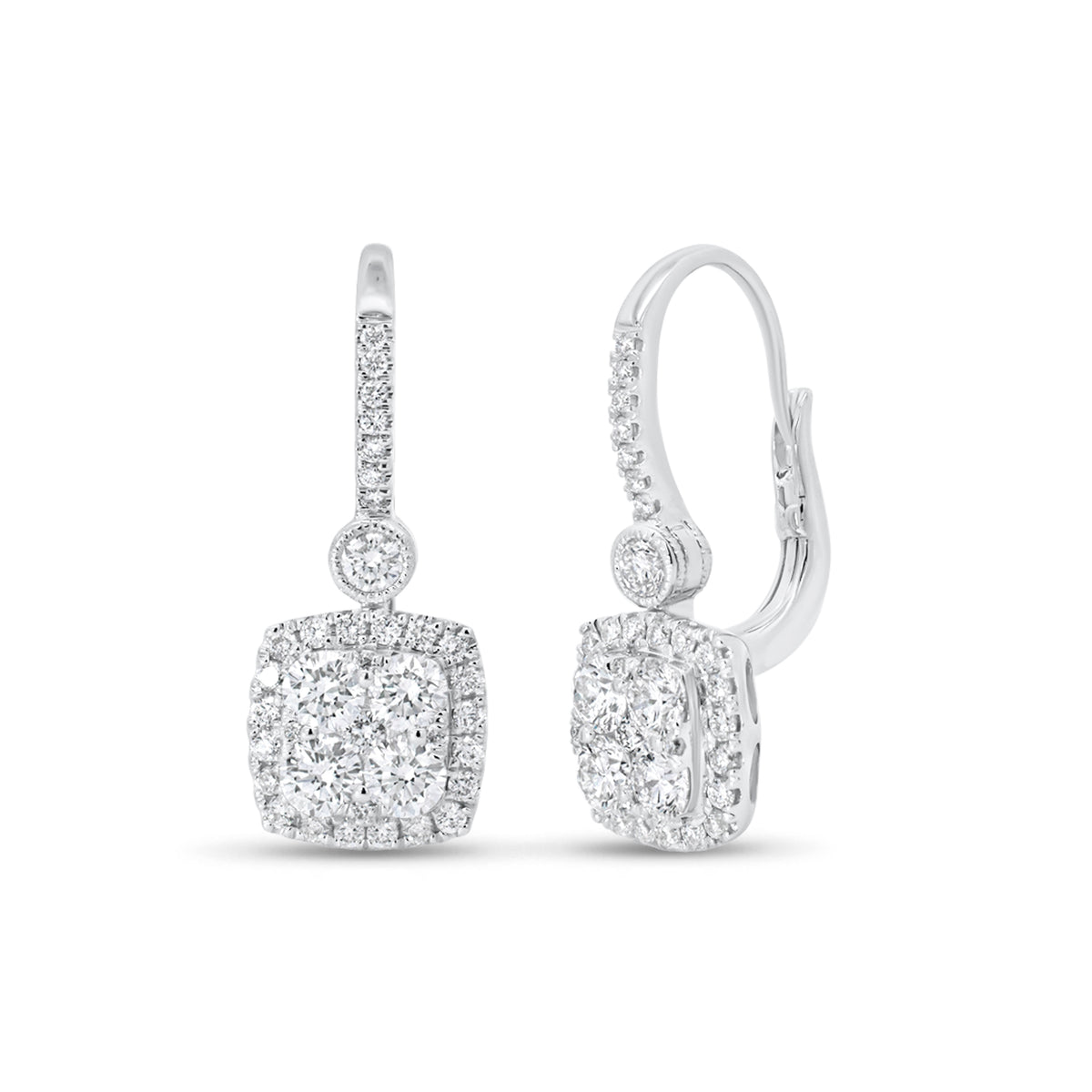 Diamond square drop leverback earring - 18K gold weighing 4.18 grams
- 74 round diamonds weighing 1.62& carats