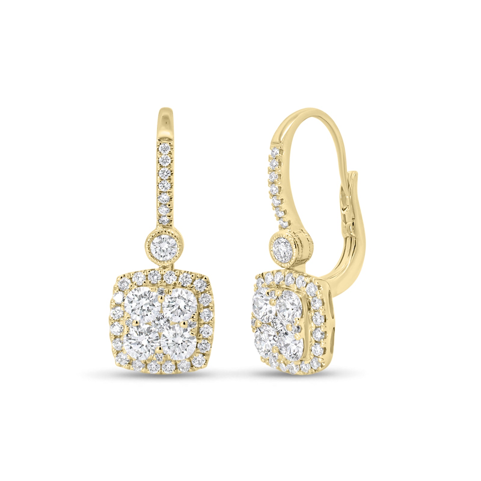 Diamond square drop leverback earring - 18K gold weighing 4.18 grams
- 74 round diamonds weighing 1.62& carats