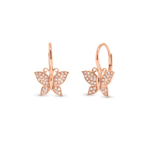 Diamond Butterfly Lever-Back Earrings - 14K gold weighing 1.91 grams  - 64 round diamonds weighing 0.20 carats