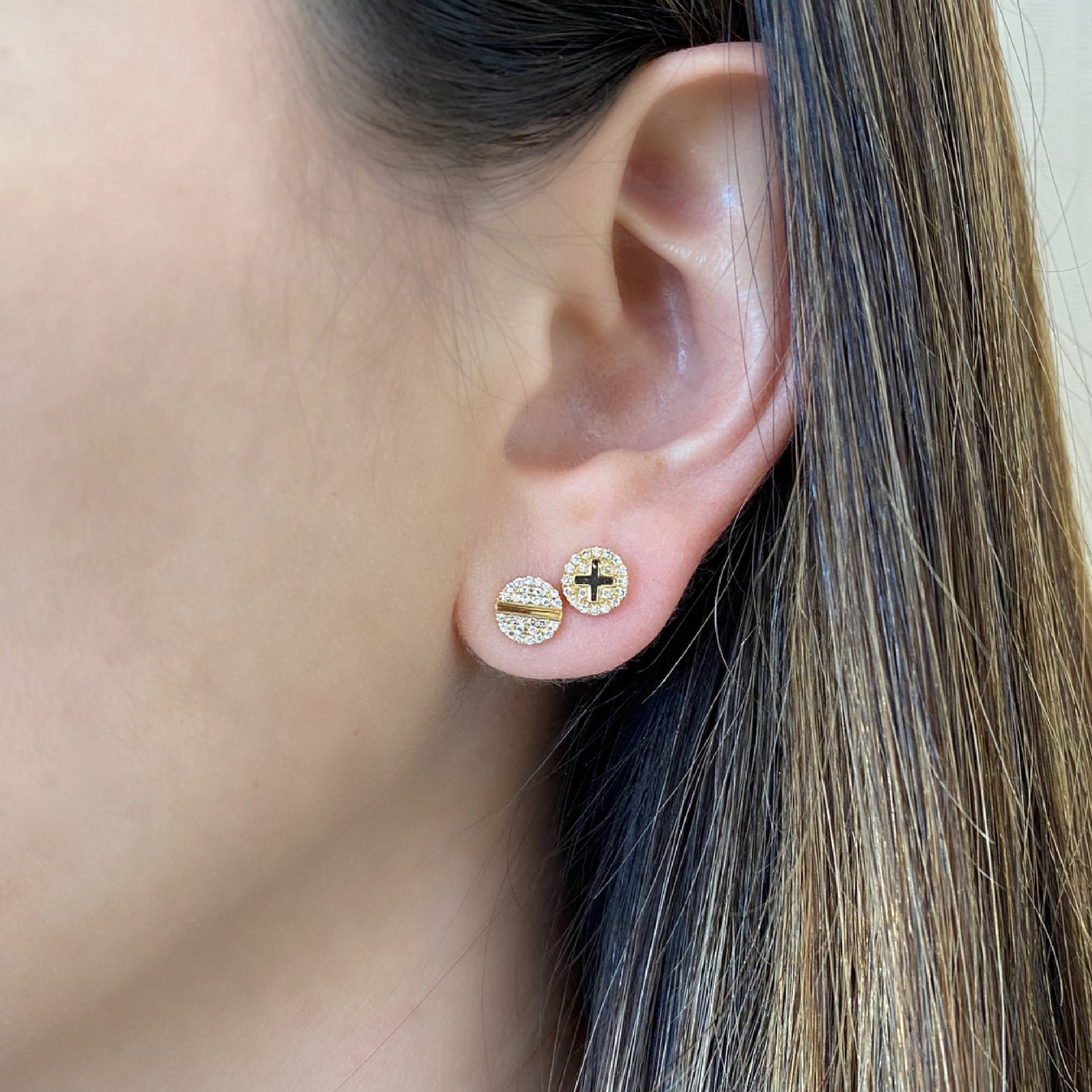 Diamond Plus & Minus Stud Earrings - 14K gold weighing 1.57 grams  - 48 round diamonds weighing 0.12 carats