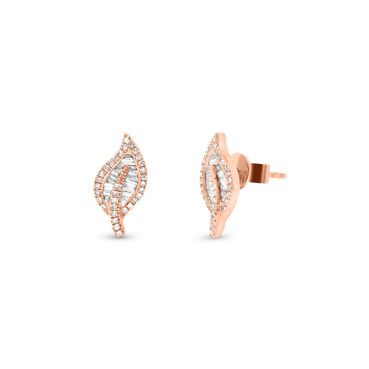 Baguette Diamond Leaf Stud Earrings - 14K gold weighing 1.98 grams  - 64 round diamonds weighing 0.15 carats   - 29 tapered baguettes weighing 0.27 carats 