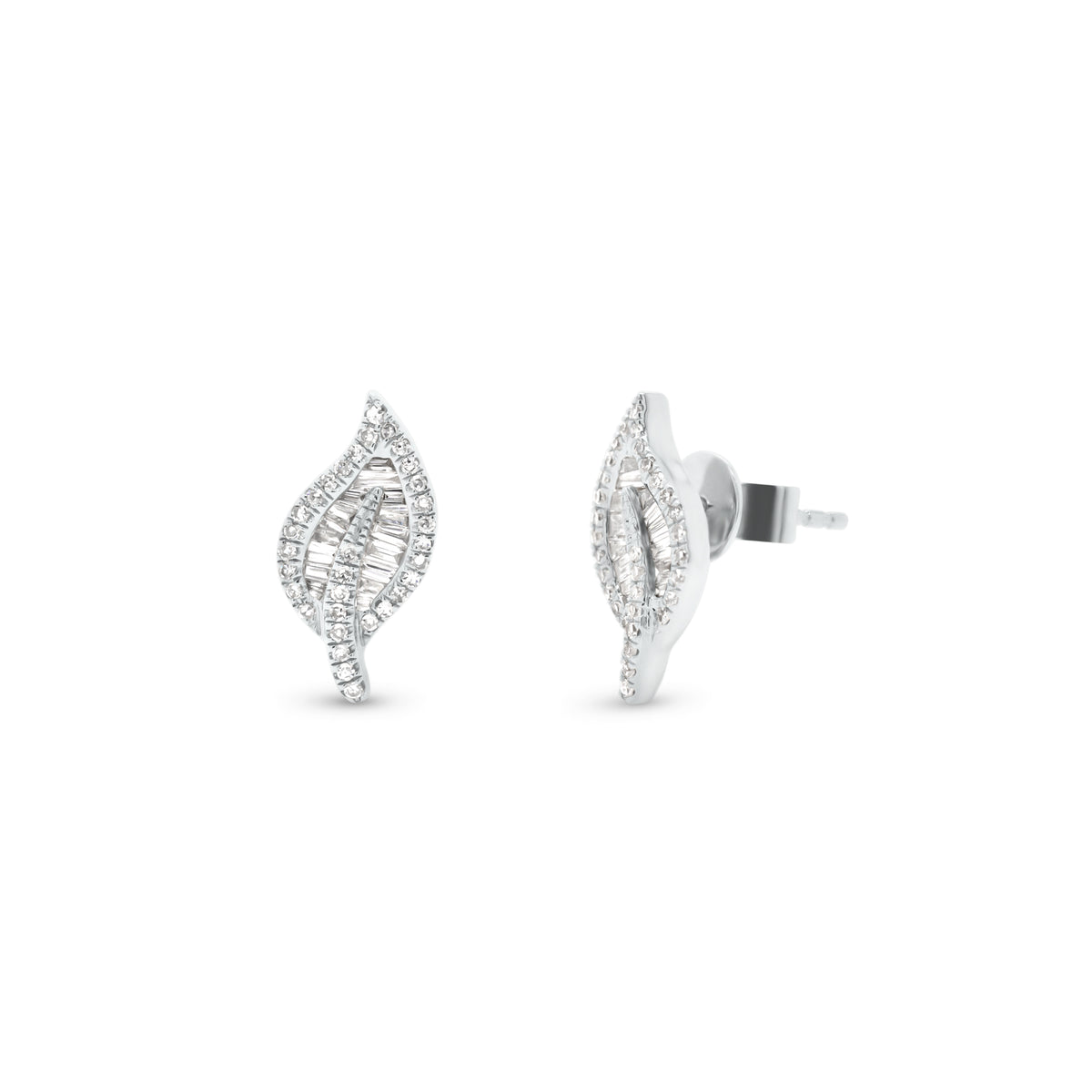 Baguette Diamond Leaf Stud Earrings - 14K gold weighing 1.98 grams  - 64 round diamonds weighing 0.15 carats   - 29 tapered baguettes weighing 0.27 carats 