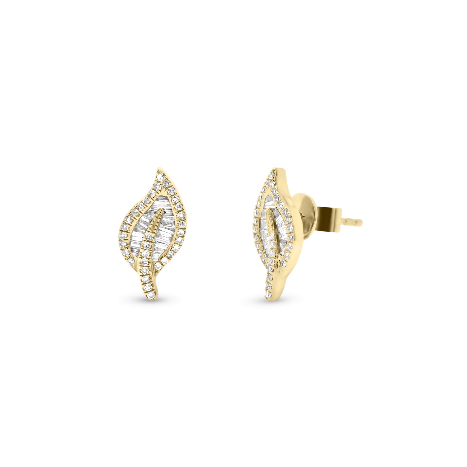 Baguette Diamond Leaf Stud Earrings - 14K gold weighing 1.98 grams  - 64 round diamonds weighing 0.15 carats   - 29 tapered baguettes weighing 0.27 carats 