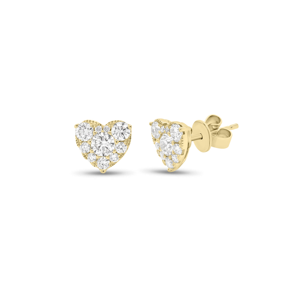1.28 ct Diamond Heart Stud Earrings - 18K gold weighing 2.44 grams - 20 round diamonds weighing 1.28 carats