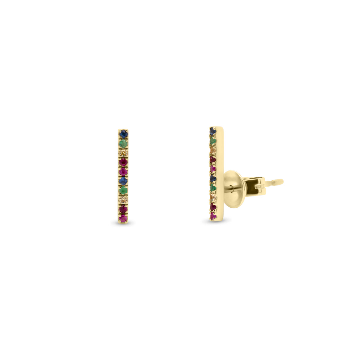 Rainbow Gemstone Bar Stud Earrings - 14K gold weighing 1.21 grams  - 20 multicolor gemstones weighing 0.13 carats