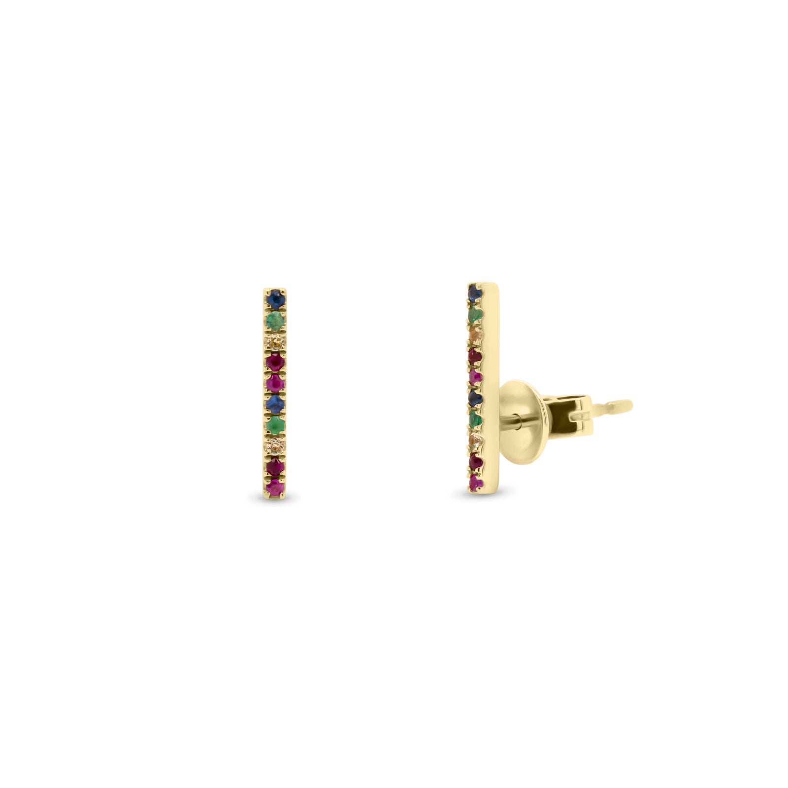 Rainbow Gemstone Bar Stud Earrings - 14K gold weighing 1.21 grams  - 20 multicolor gemstones weighing 0.13 carats