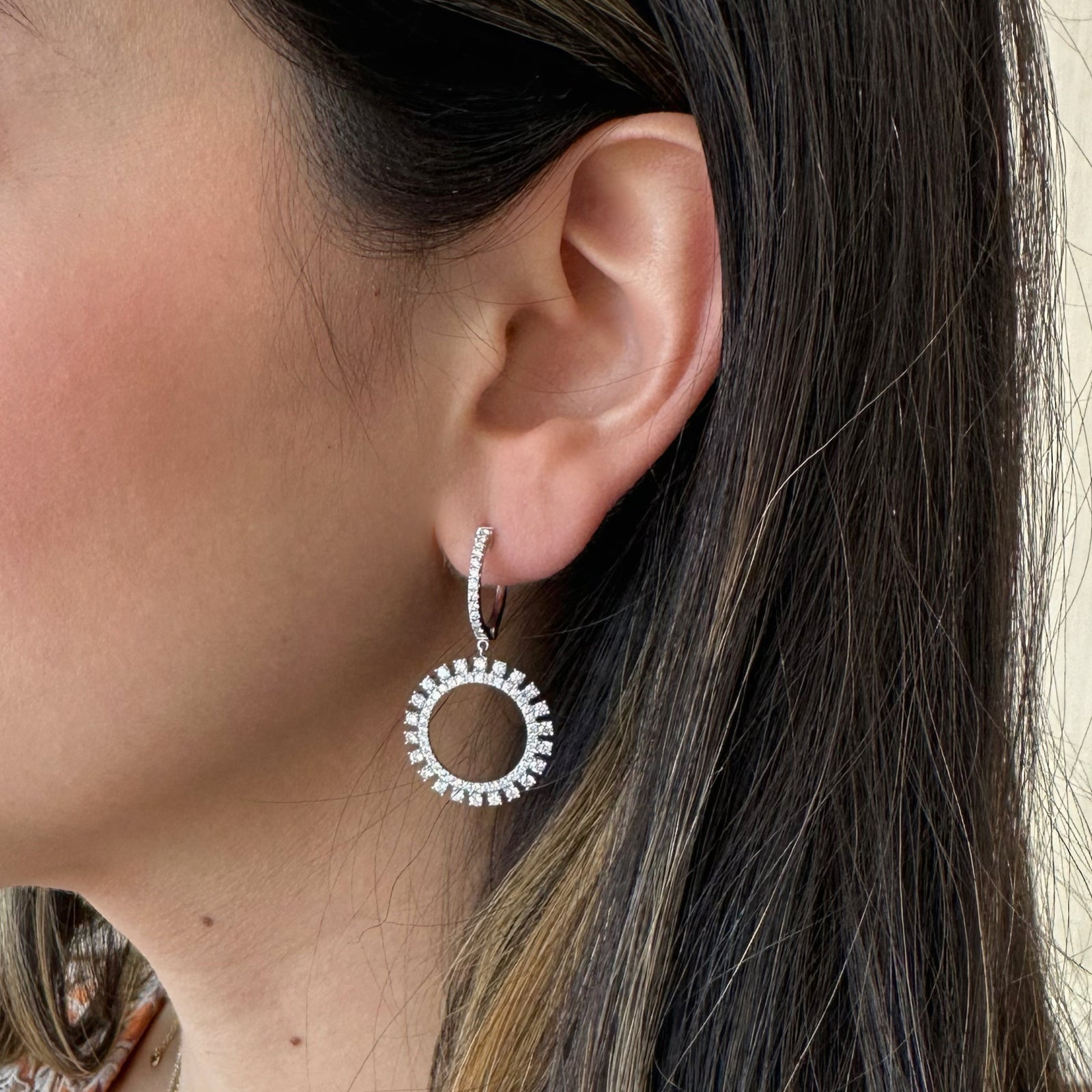 Diamond Sunburst Drop Earrings  -18K gold weighing 6.13 grams  -142 round prong-set brilliant-cut diamonds totaling 1.85 carats.