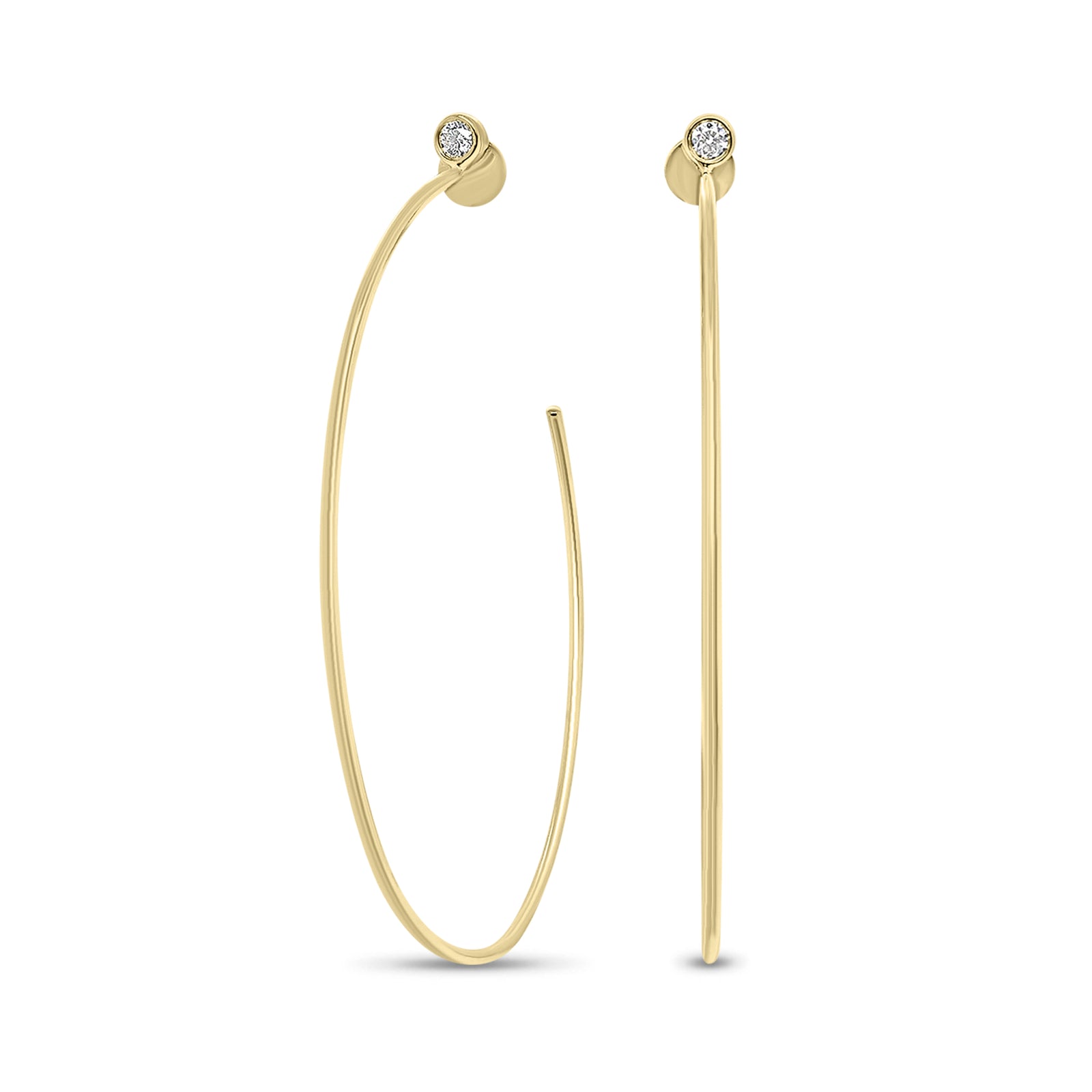 Gold Hoop Earrings with Diamond Posts - 14K gold weighing 4.75 grams  - 2 round diamonds weighing 0.14 carats