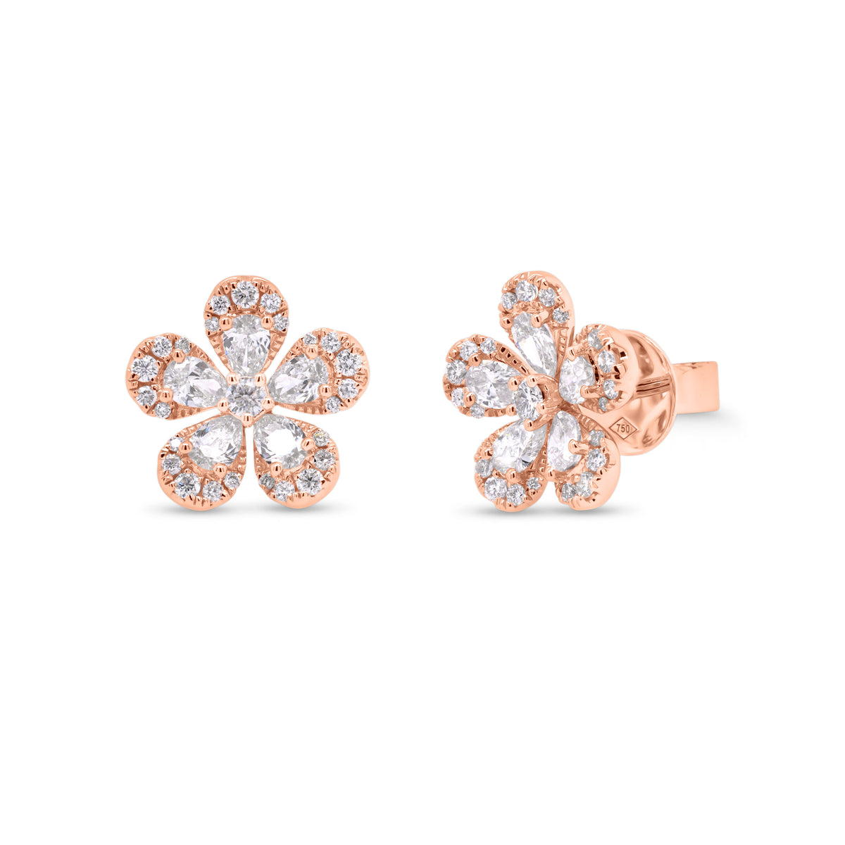 Pear-Shaped Diamond Daisy Stud Earrings - 18K gold weighing 3.64 grams - 10 pear-shaped diamonds weighing 1.10 carats - 2 round diamonds weighing 0.13 carats - 50 round diamonds weighing 0.24 carats
