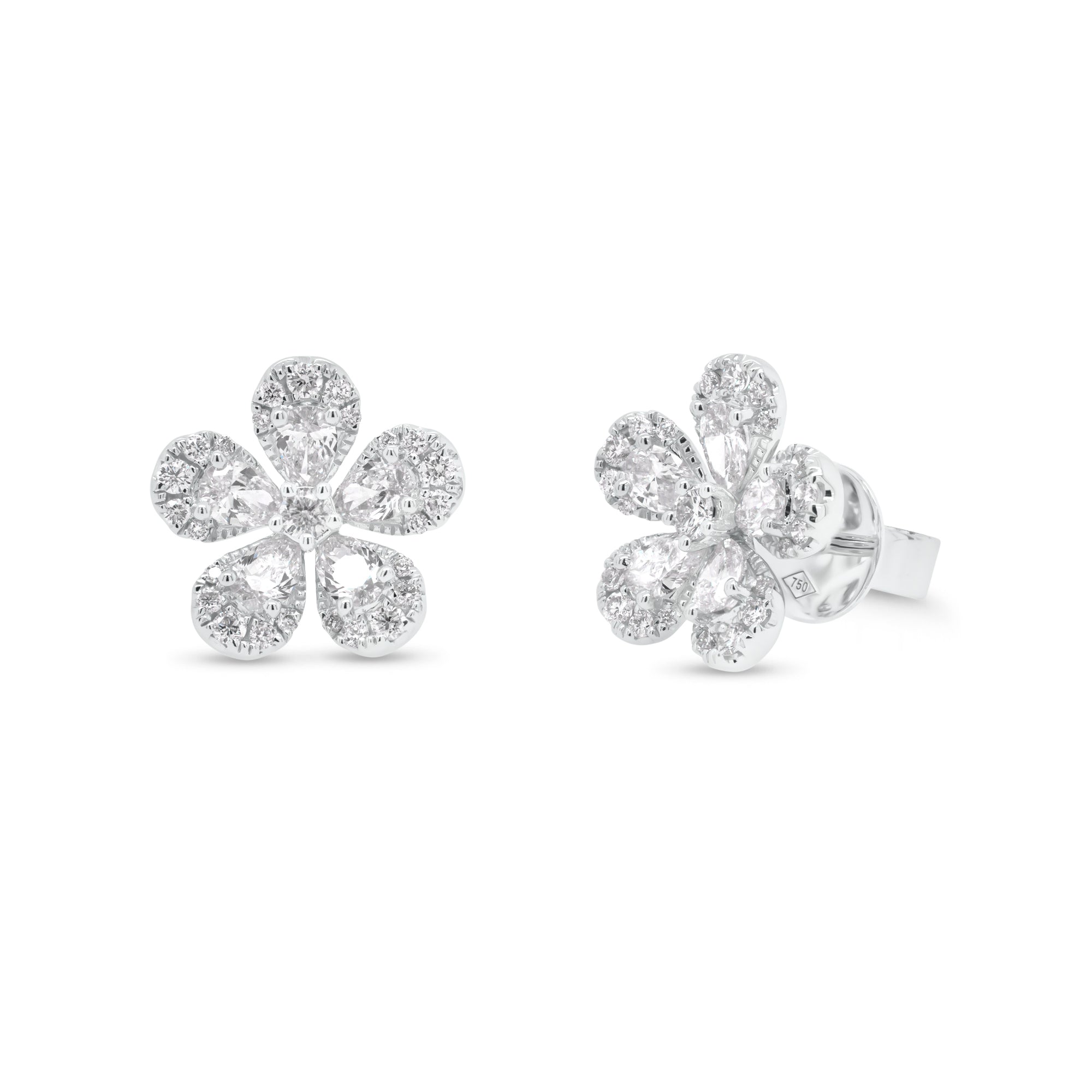 Pear-Shaped Diamond Daisy Stud Earrings - 18K gold weighing 3.64 grams  - 10 pear-shaped diamonds weighing 1.10 carats  - 2 round diamonds weighing 0.13 carats  - 50 round diamonds weighing 0.24 carats