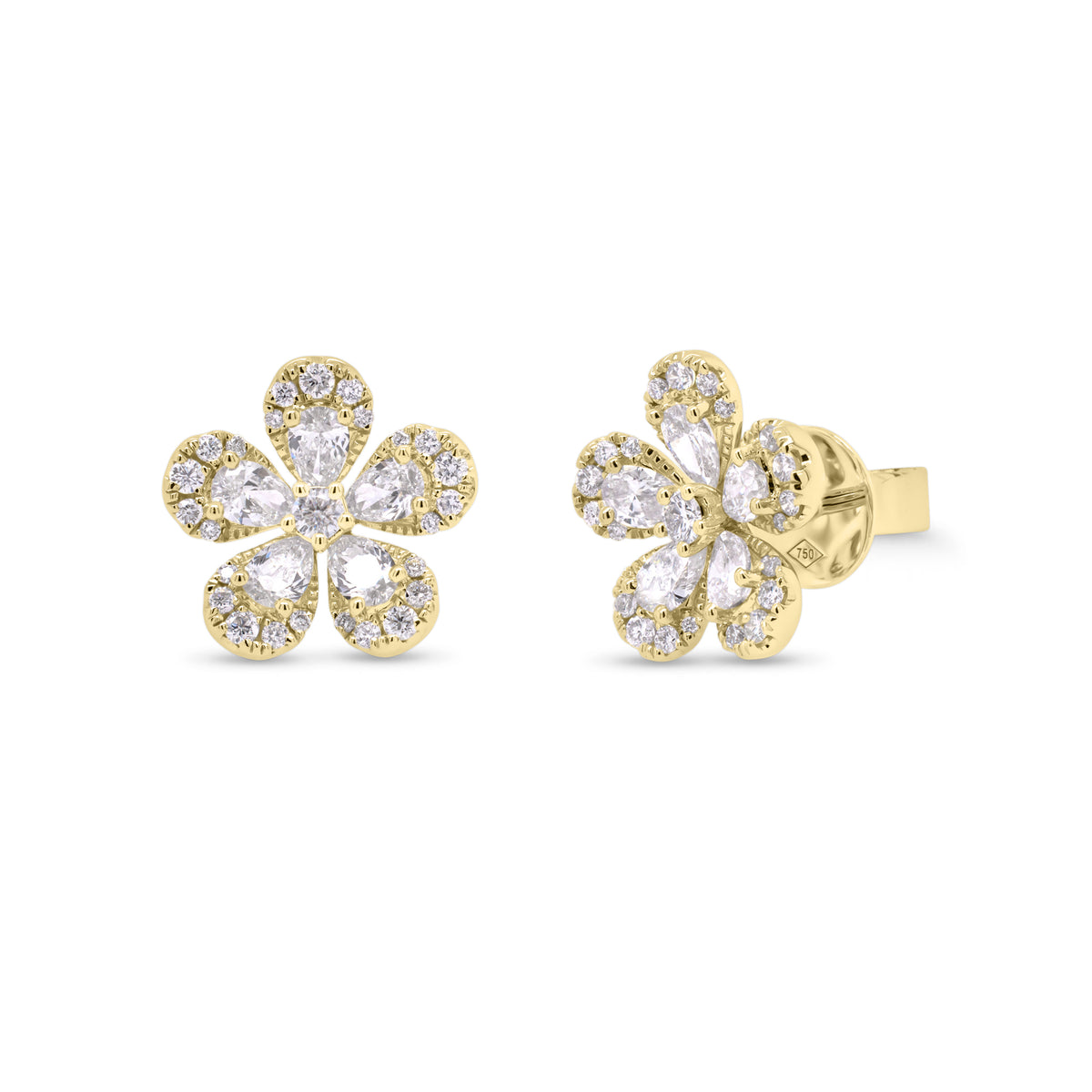 Pear-Shaped Diamond Daisy Stud Earrings - 18K gold weighing 3.64 grams - 10 pear-shaped diamonds weighing 1.10 carats - 2 round diamonds weighing 0.13 carats - 50 round diamonds weighing 0.24 carats