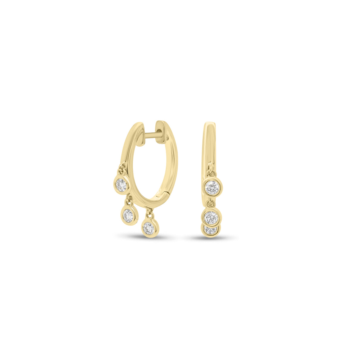 Bezel-Set Diamond Dangle Huggie Earrings - 18K gold weighing 3.46 grams - 6 round diamonds weighing 0.20 carats