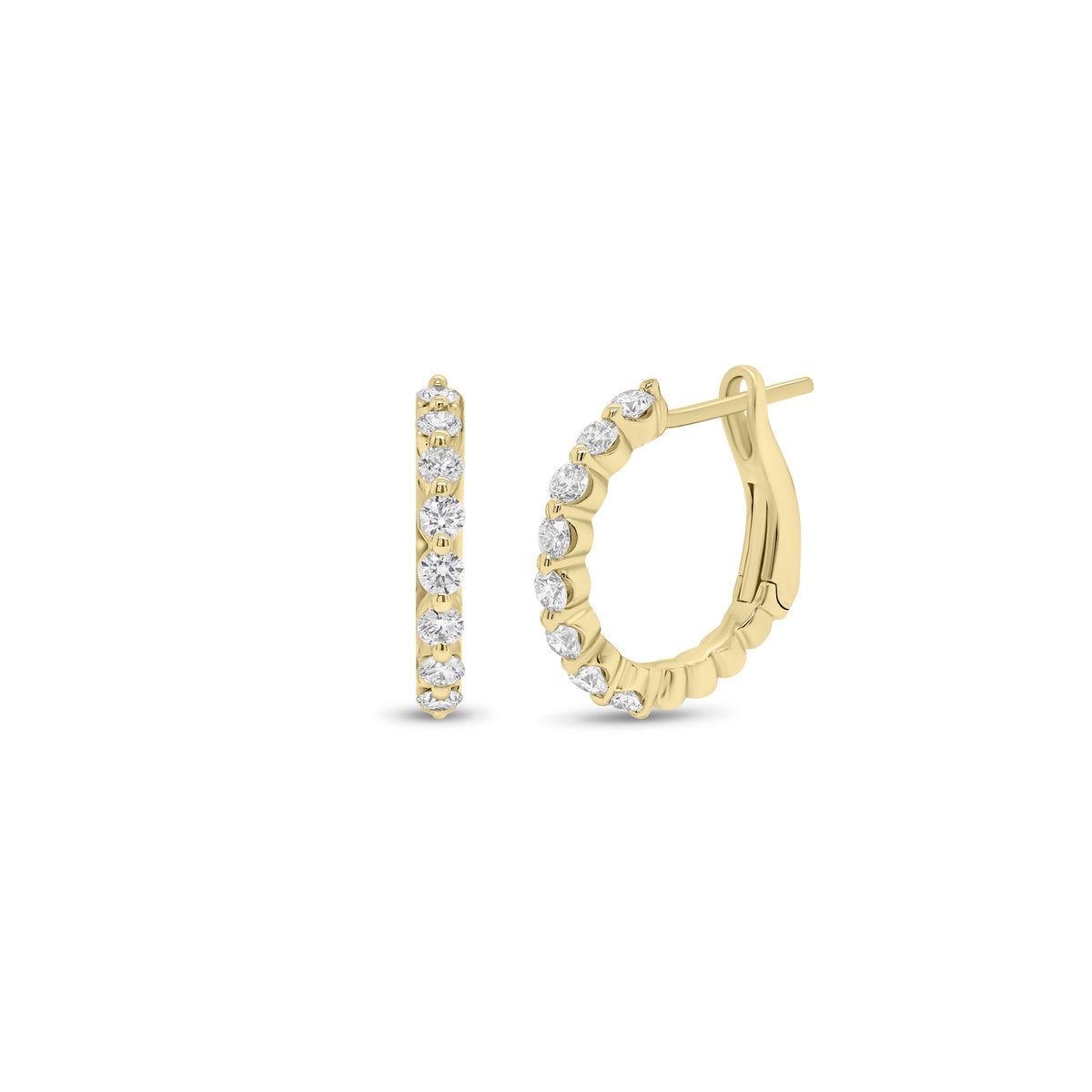 Shared Prong Diamond Huggie Earrings - 18K gold weighing 2.50 grams - 16 round diamonds weighing 0.46 carats
