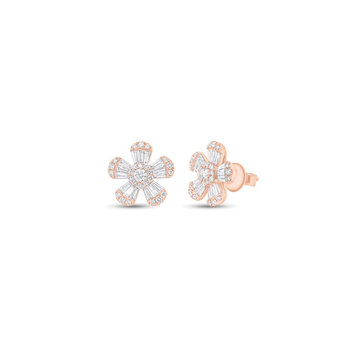 Round & Baguette Diamond Large Flower Stud Earrings - 18K gold weighing 4.24 grams - 2 round diamonds weighing 0.17 carats - 30 straight baguettes weighing 0.81 carats - 50 round diamonds weighing 0.38 carats