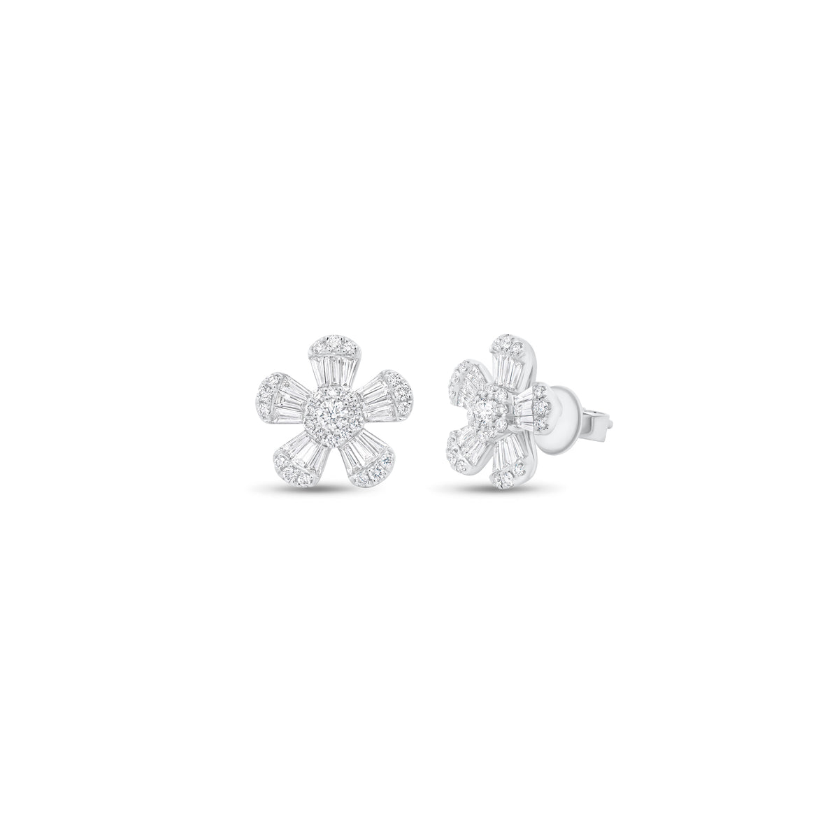 Round & Baguette Diamond Large Flower Stud Earrings - 18K gold weighing 4.24 grams - 2 round diamonds weighing 0.17 carats - 30 straight baguettes weighing 0.81 carats - 50 round diamonds weighing 0.38 carats