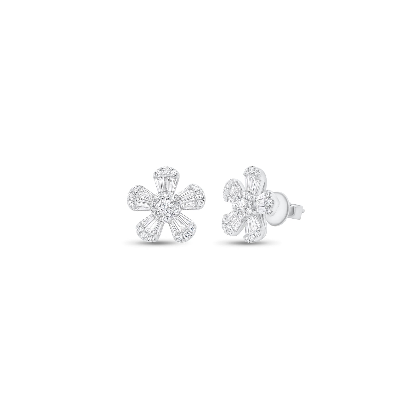 Round & Baguette Diamond Large Flower Stud Earrings - 18K gold weighing 4.24 grams - 2 round diamonds weighing 0.17 carats - 30 straight baguettes weighing 0.81 carats - 50 round diamonds weighing 0.38 carats