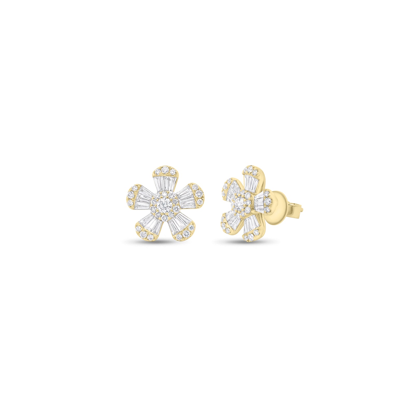 Round & Baguette Diamond Large Flower Stud Earrings - 18K gold weighing 4.24 grams - 2 round diamonds weighing 0.17 carats - 30 straight baguettes weighing 0.81 carats - 50 round diamonds weighing 0.38 carats