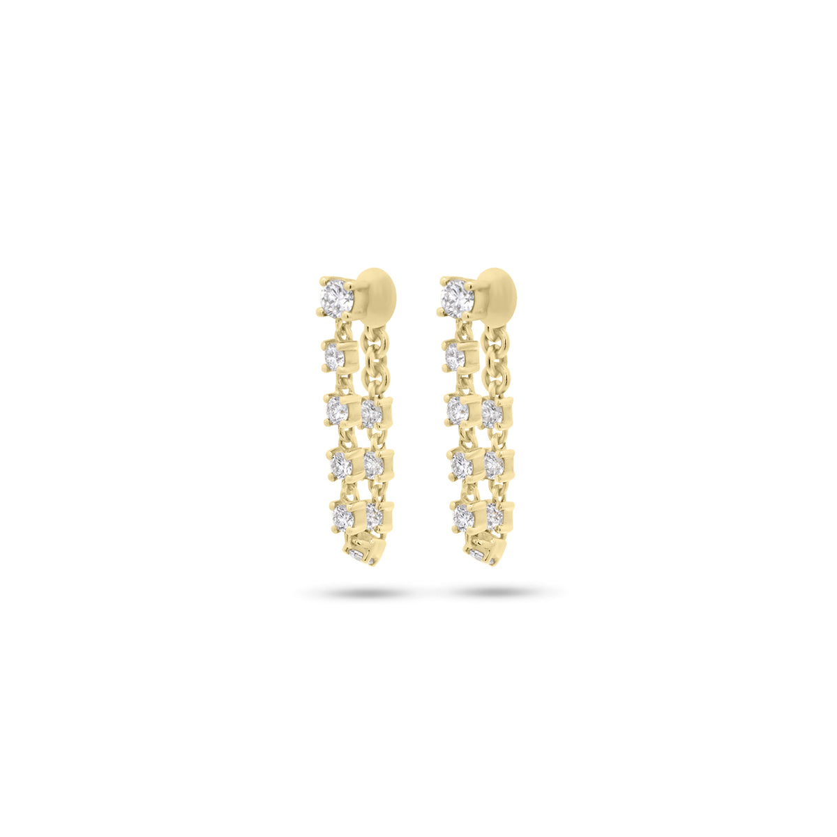 Diamond dangle chain earrings - 14K gold weighing 2.09 grams
- 18 round diamonds weighing 0.54 carats