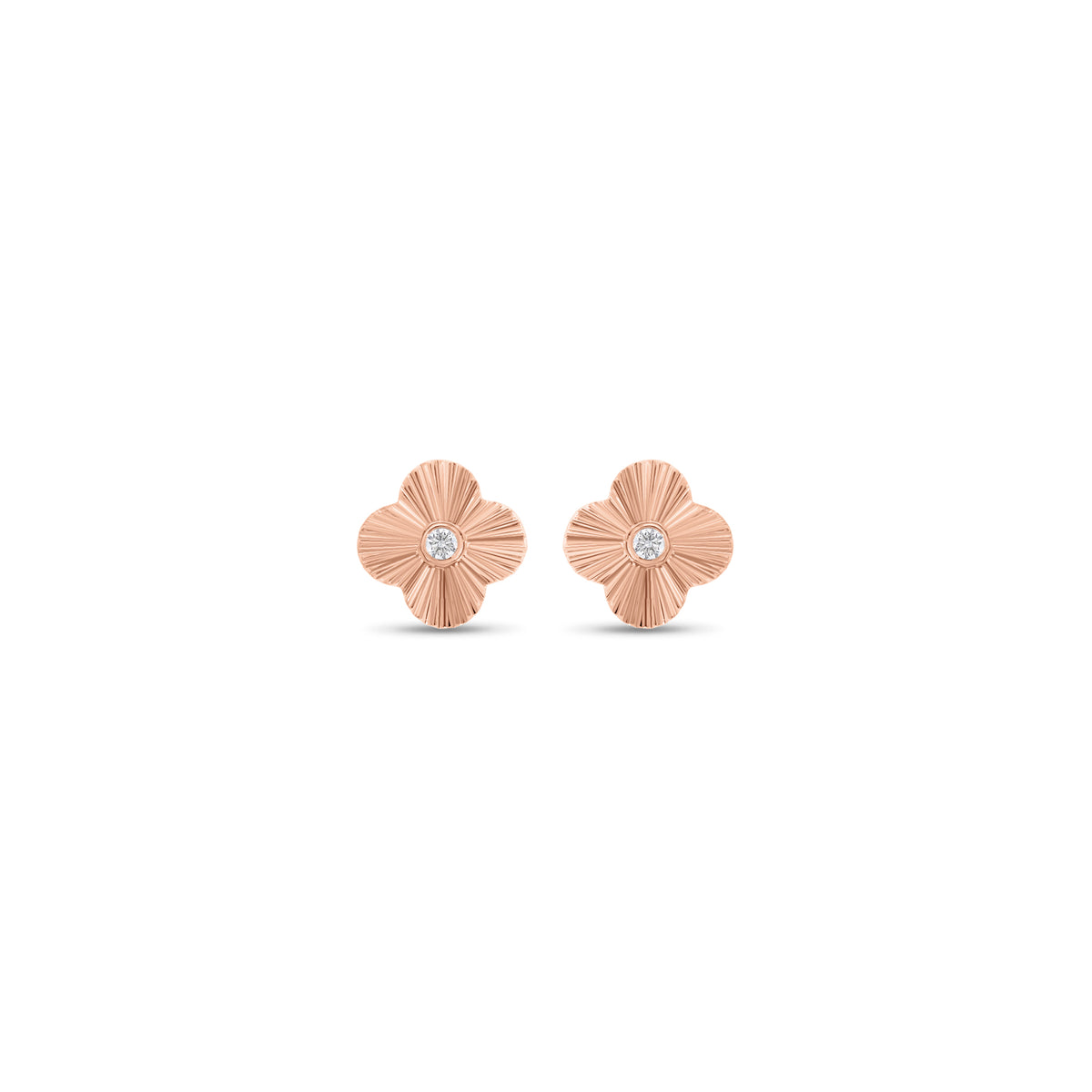 Diamond & Gold Ridged Clover Stud Earrings - 14K gold weighing 2.06 grams - 2 round diamonds weighing 0.07 carats