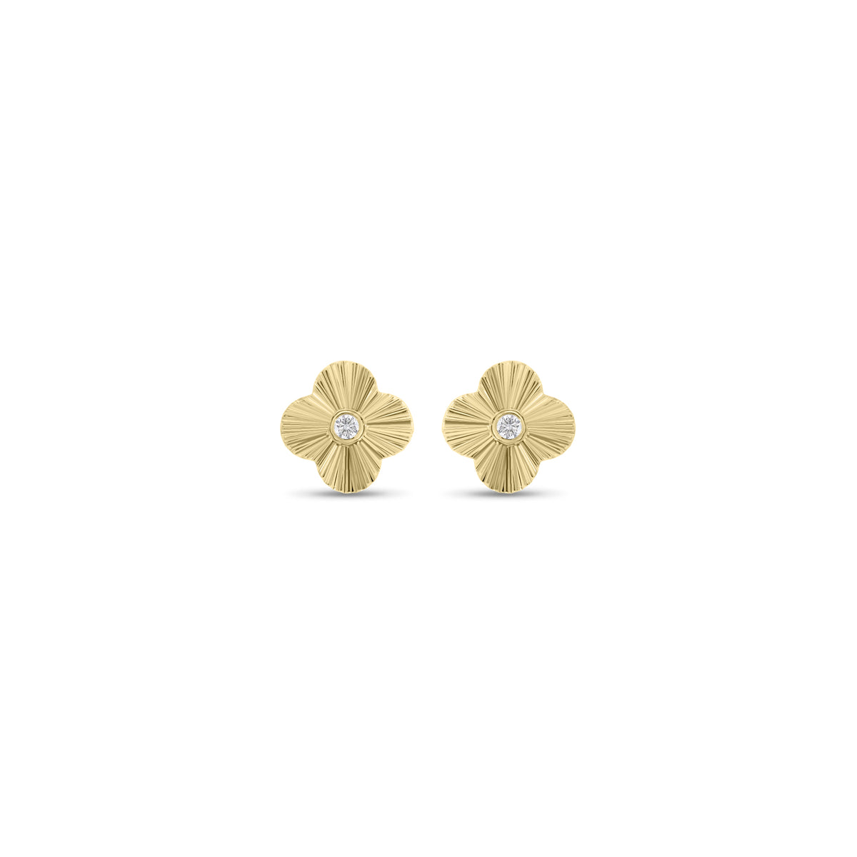 Diamond & Gold Ridged Clover Stud Earrings - 14K gold weighing 2.06 grams  - 2 round diamonds weighing 0.07 carats
