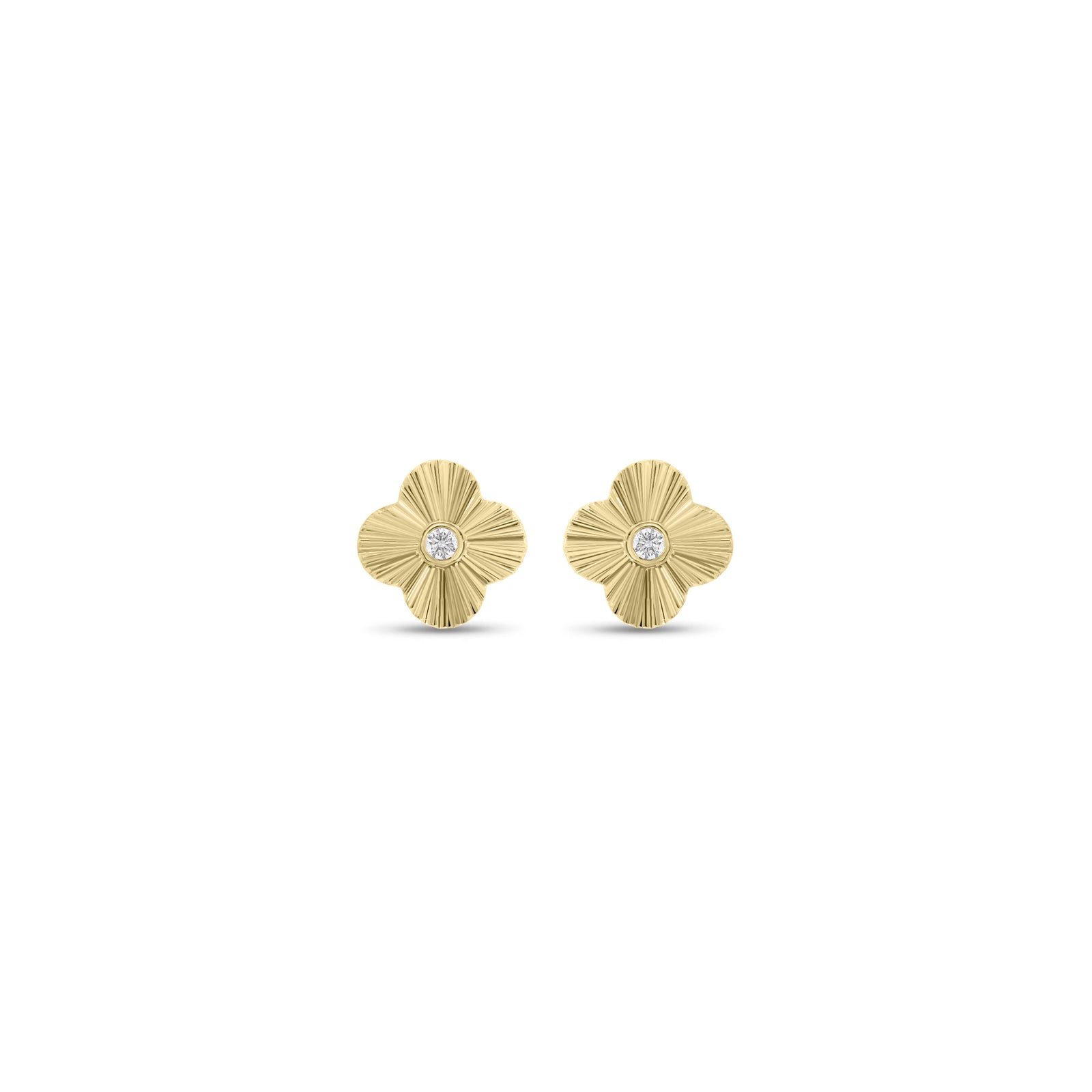 Diamond & Gold Ridged Clover Stud Earrings - 14K gold weighing 2.06 grams  - 2 round diamonds weighing 0.07 carats