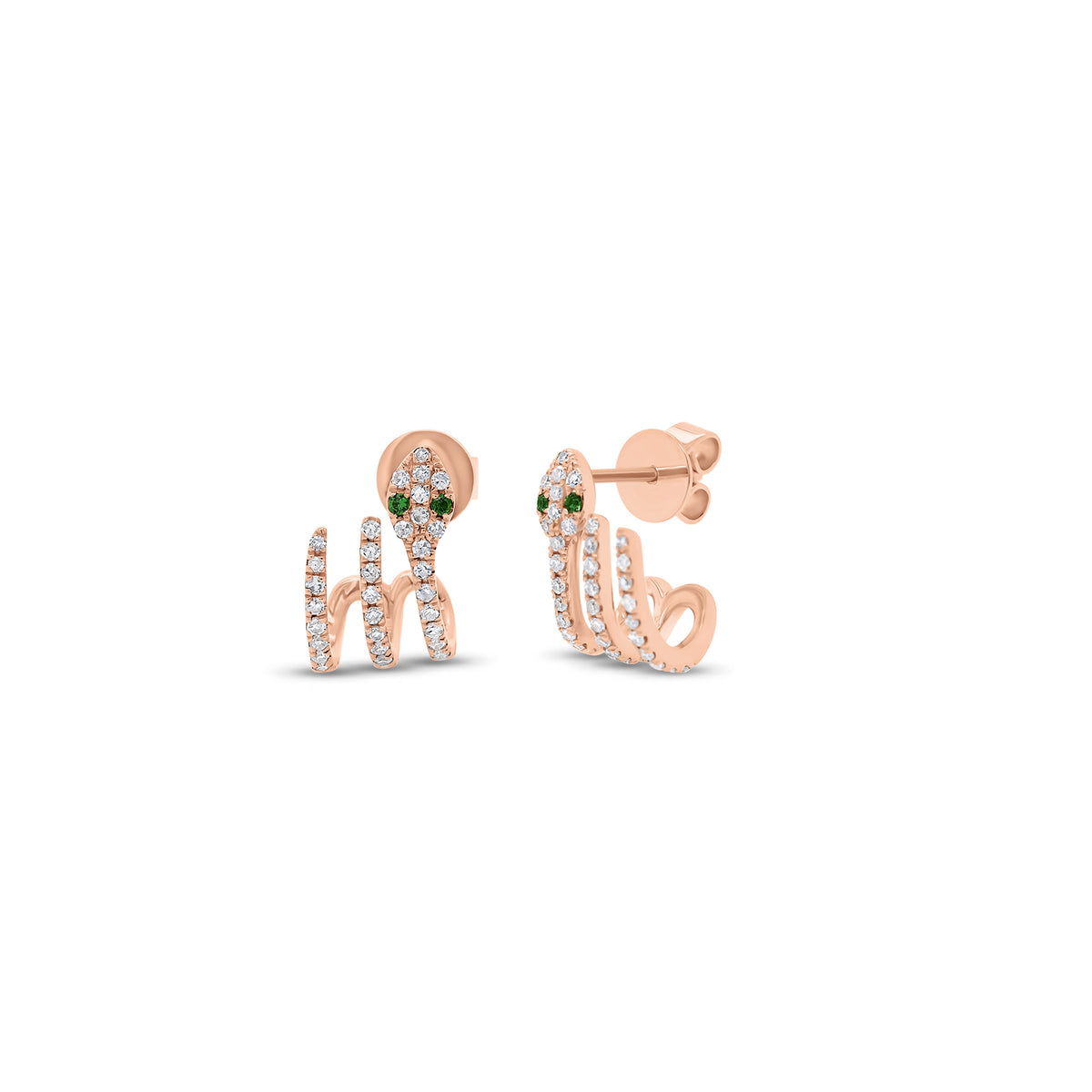 Diamond & Emerald Snake Crawler Earrings - 14K gold weighing 2.04 grams - 74 round diamonds weighing 0.27 carats - 4 emeralds weighing 0.03 carats