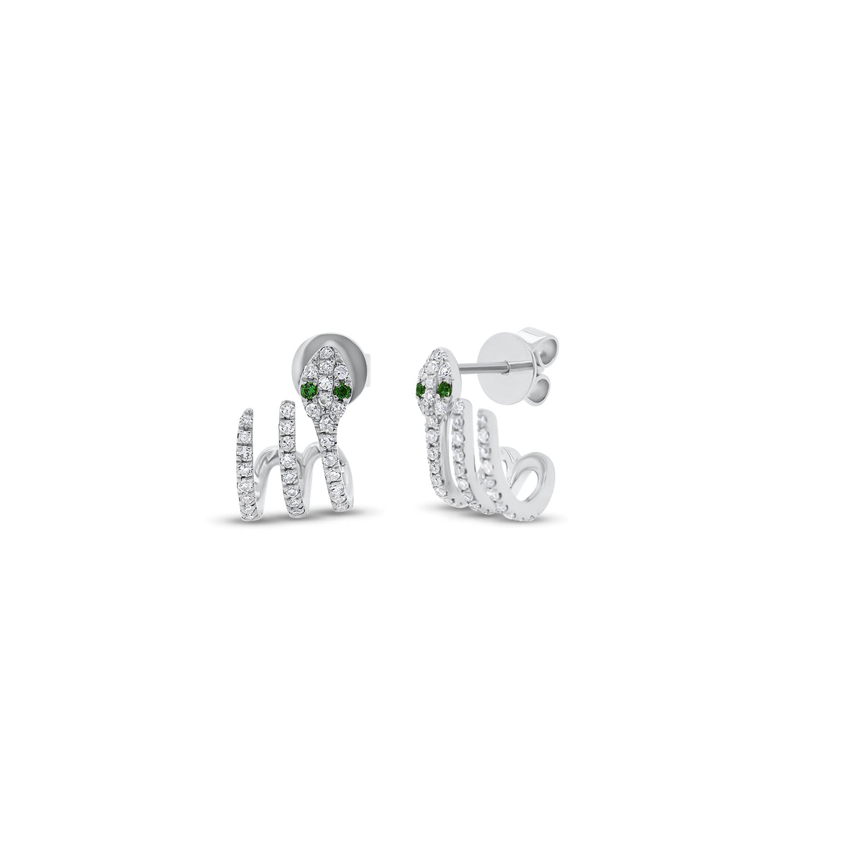 Diamond & Emerald Snake Crawler Earrings - 14K gold weighing 2.04 grams - 74 round diamonds weighing 0.27 carats - 4 emeralds weighing 0.03 carats