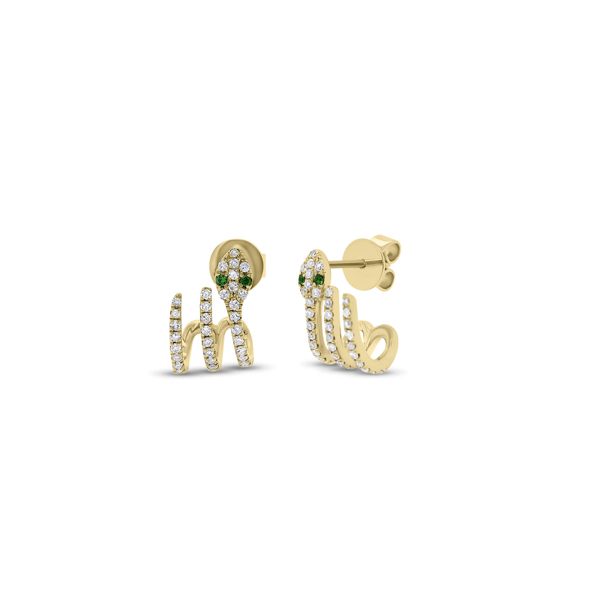 Diamond & Emerald Snake Crawler Earrings - 14K gold weighing 2.04 grams  - 74 round diamonds weighing 0.27 carats  - 4 emeralds weighing 0.03 carats
