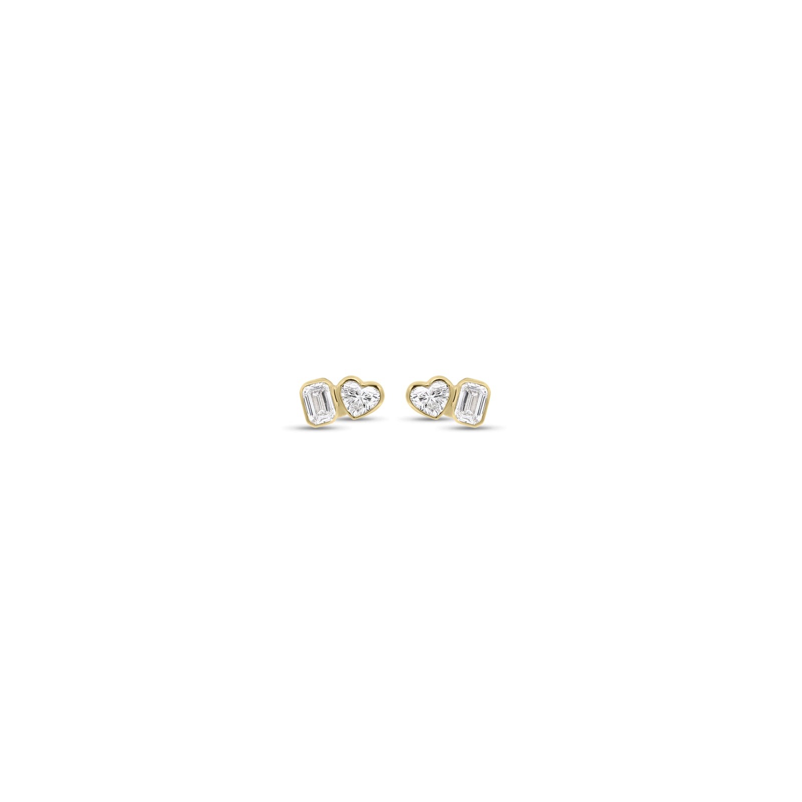 Heart & Emerald-Cut Diamond Duet Stud Earrings - 14K gold weighing 0.98 grams  - 4 mixed shape diamonds weighing 0.40 carats