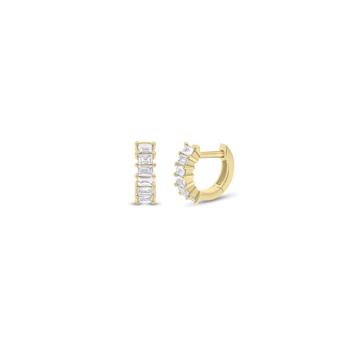 Baguette diamond huggie earrings - 14K gold weighing 1.59 grams
- 12 baguette diamonds weighing 0.37 carats