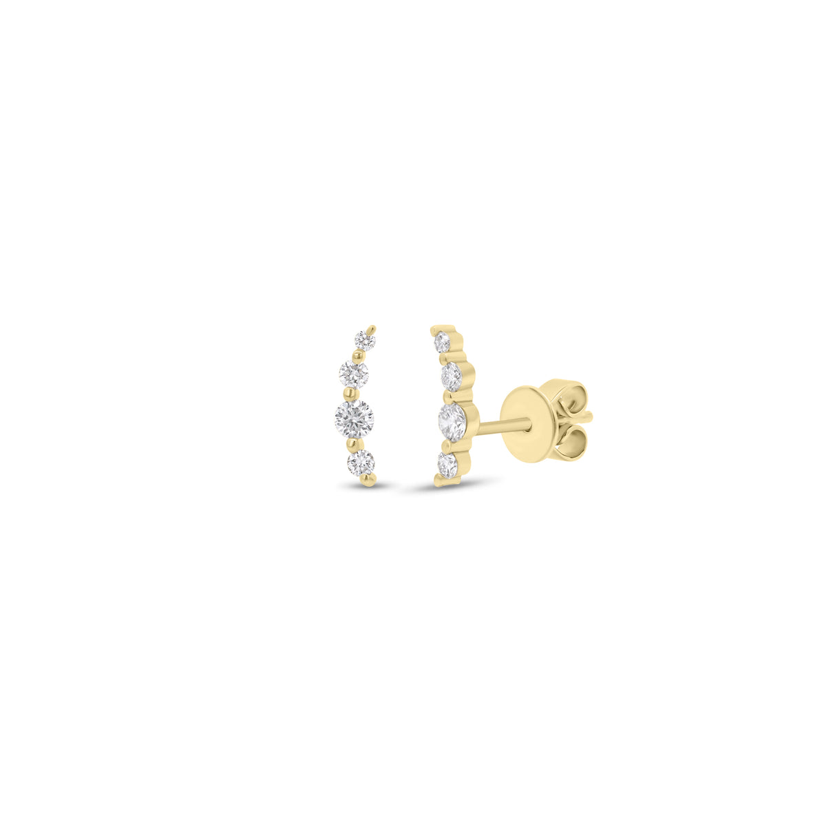 Diamond arc stud earrings - 14K gold weighing 0.88 grams
- 8 round diamonds weighing 0.24 carats