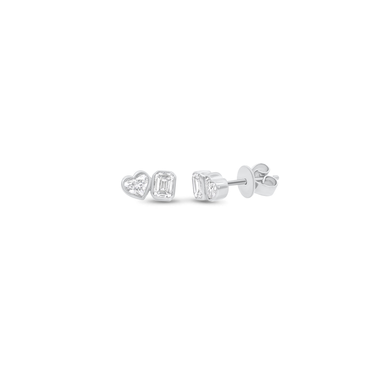Heart & emerald-cut diamond stud earrings - 14K gold weighing 1.16 grams
- 4 mixed shape diamonds weighing 0.64 carats