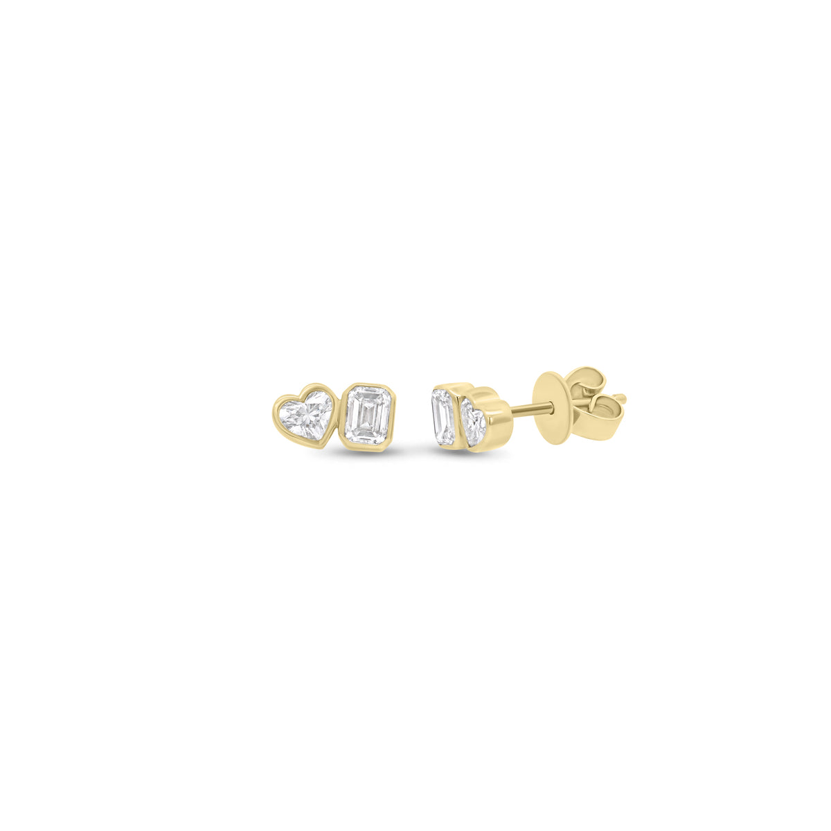 Heart & emerald-cut diamond stud earrings - 14K gold weighing 1.16 grams
- 4 mixed shape diamonds weighing 0.64 carats