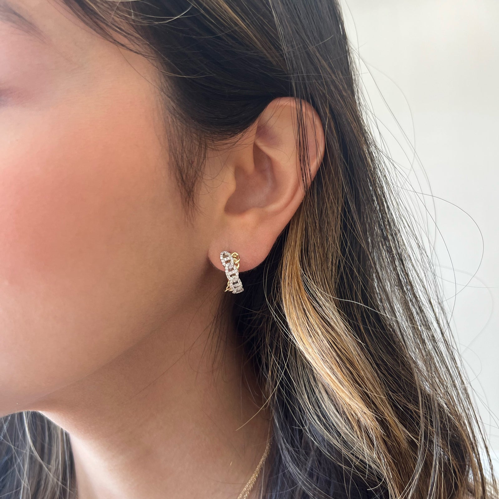 Diamond Crossover Tri-Link Huggie Earrings - 14K gold weighing 3.88 grams  - 110 round diamonds weighing 0.51 carats