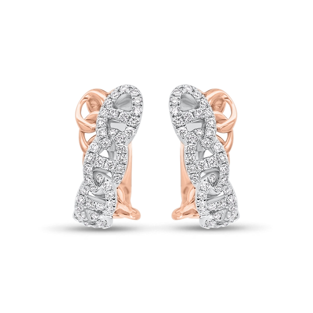 Diamond Crossover Tri-Link Huggie Earrings - 14K gold weighing 3.88 grams  - 110 round diamonds weighing 0.51 carats