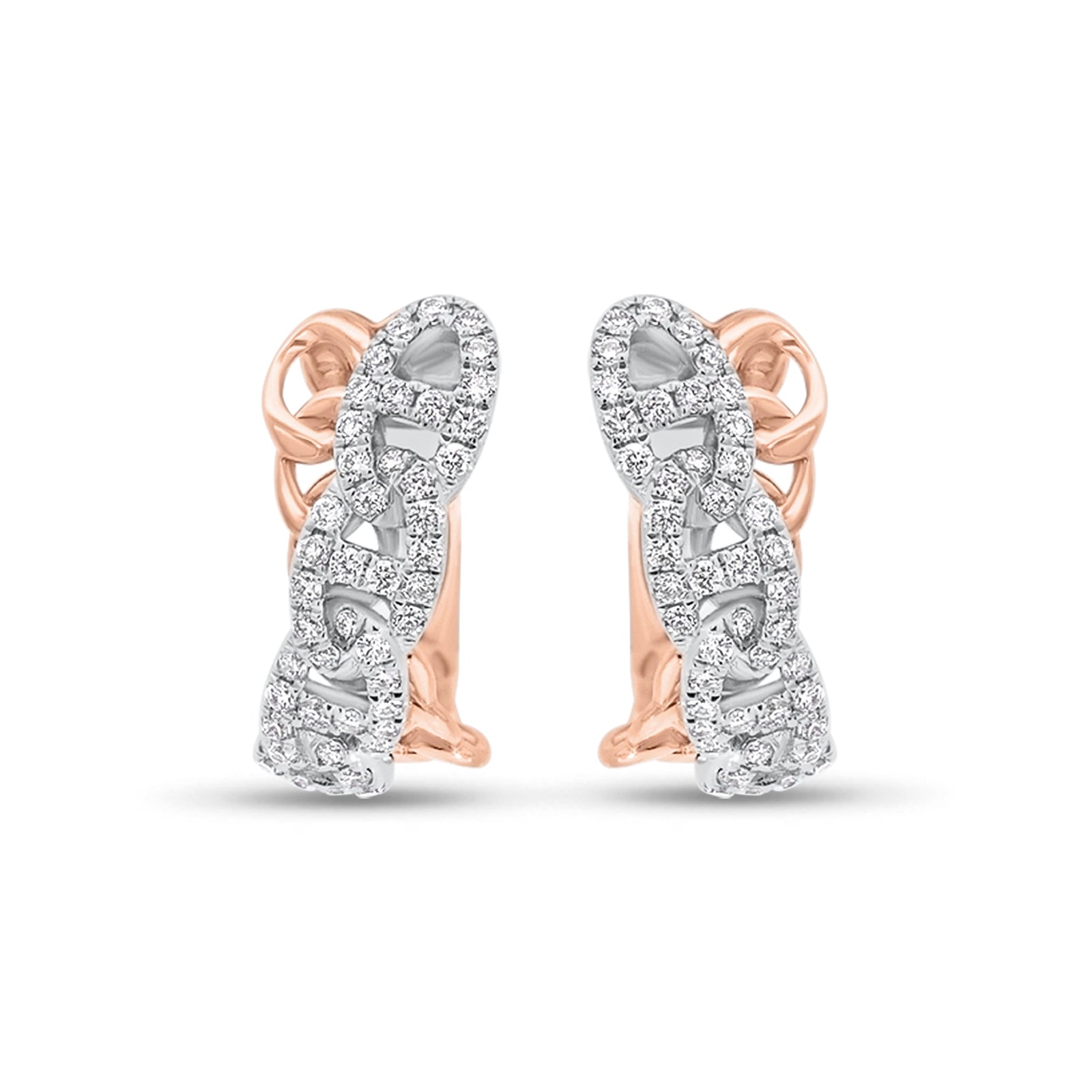 Diamond Crossover Tri-Link Huggie Earrings - 14K gold weighing 3.88 grams  - 110 round diamonds weighing 0.51 carats