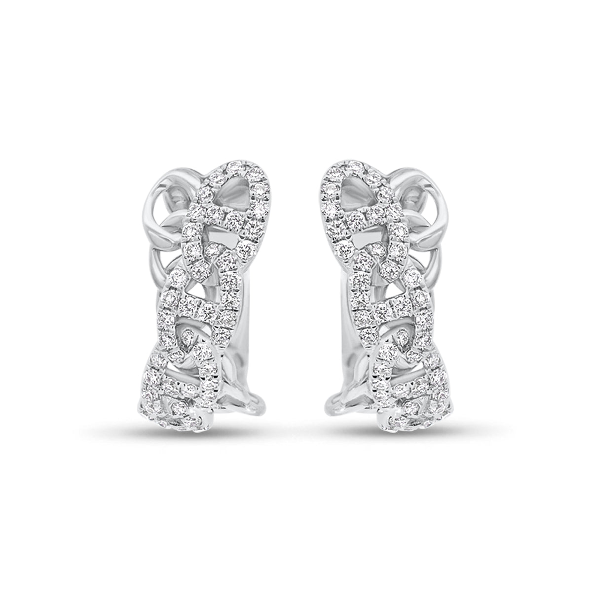 Diamond Crossover Tri-Link Huggie Earrings - 14K gold weighing 3.88 grams - 110 round diamonds weighing 0.51 carats