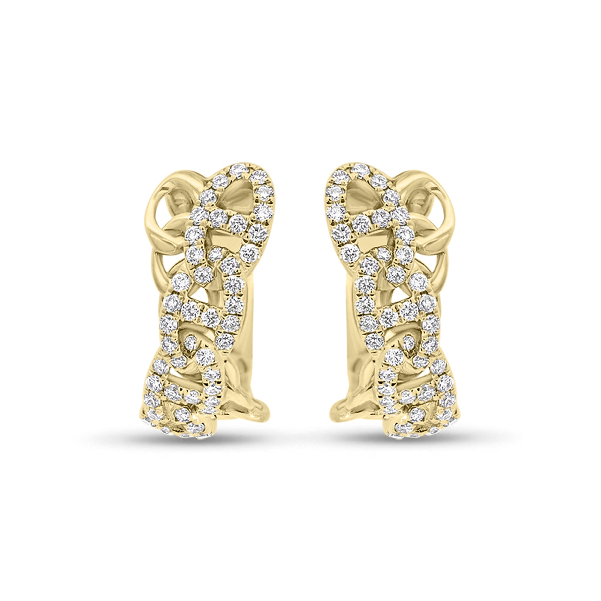 Diamond Crossover Tri-Link Huggie Earrings - 14K gold weighing 3.88 grams - 110 round diamonds weighing 0.51 carats
